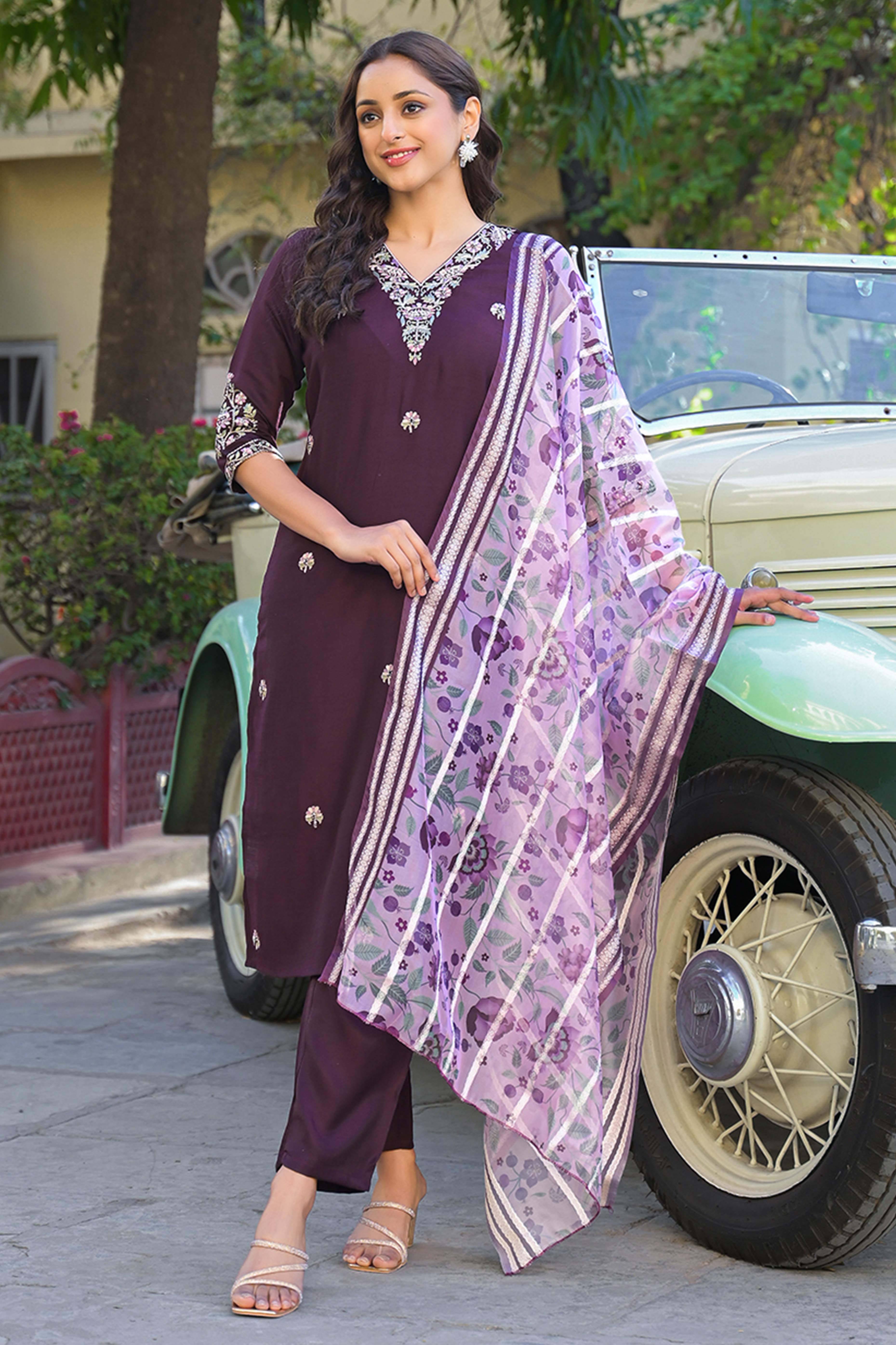 Wine Floral Embroidered Chanderi Straight Salwar Suit