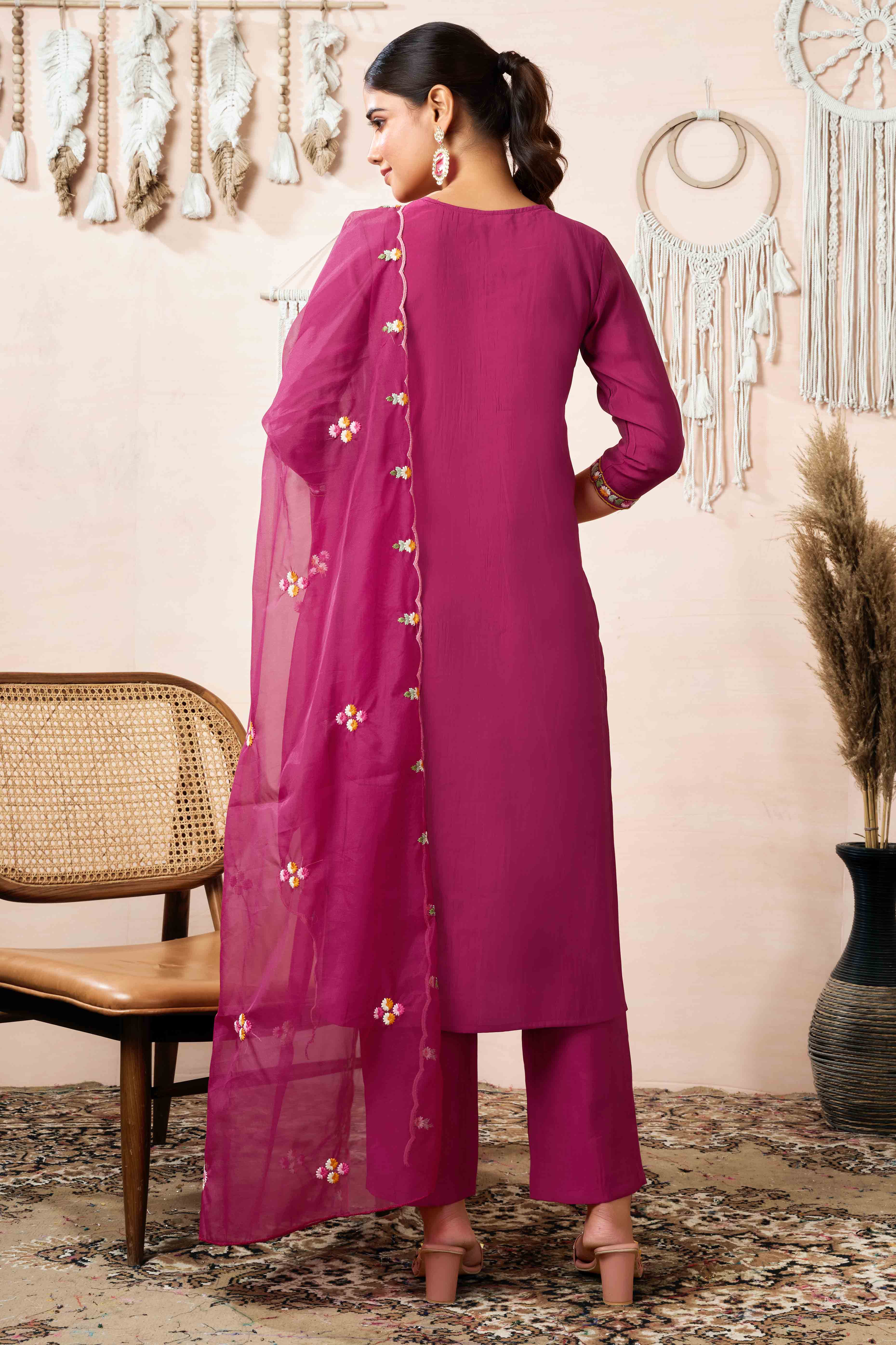 Burgundy Floral Embroidered Chanderi Silk Straight Salwar Suit