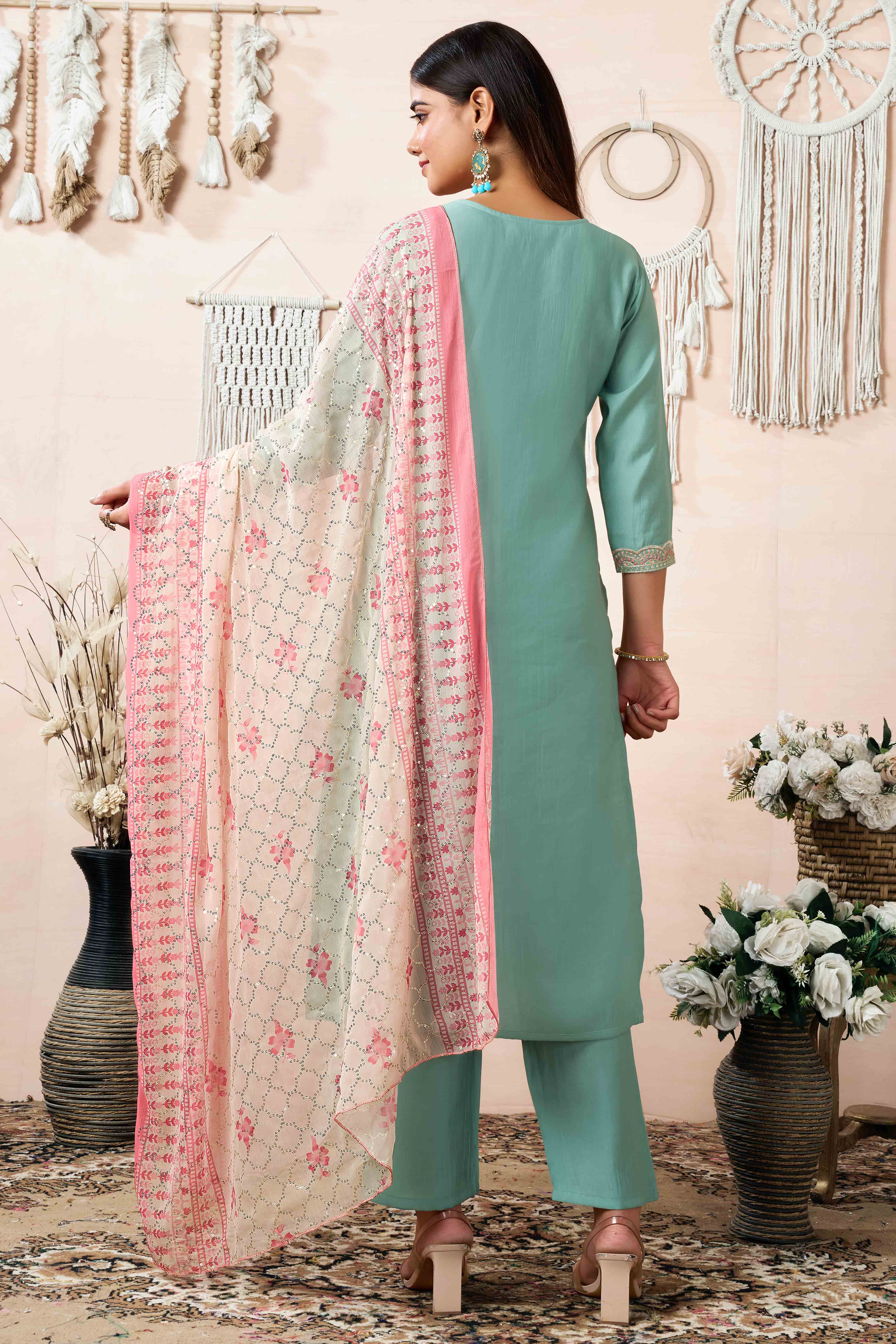 Sea Green Beads Embroidered Chanderi Silk Straight Salwar Suit