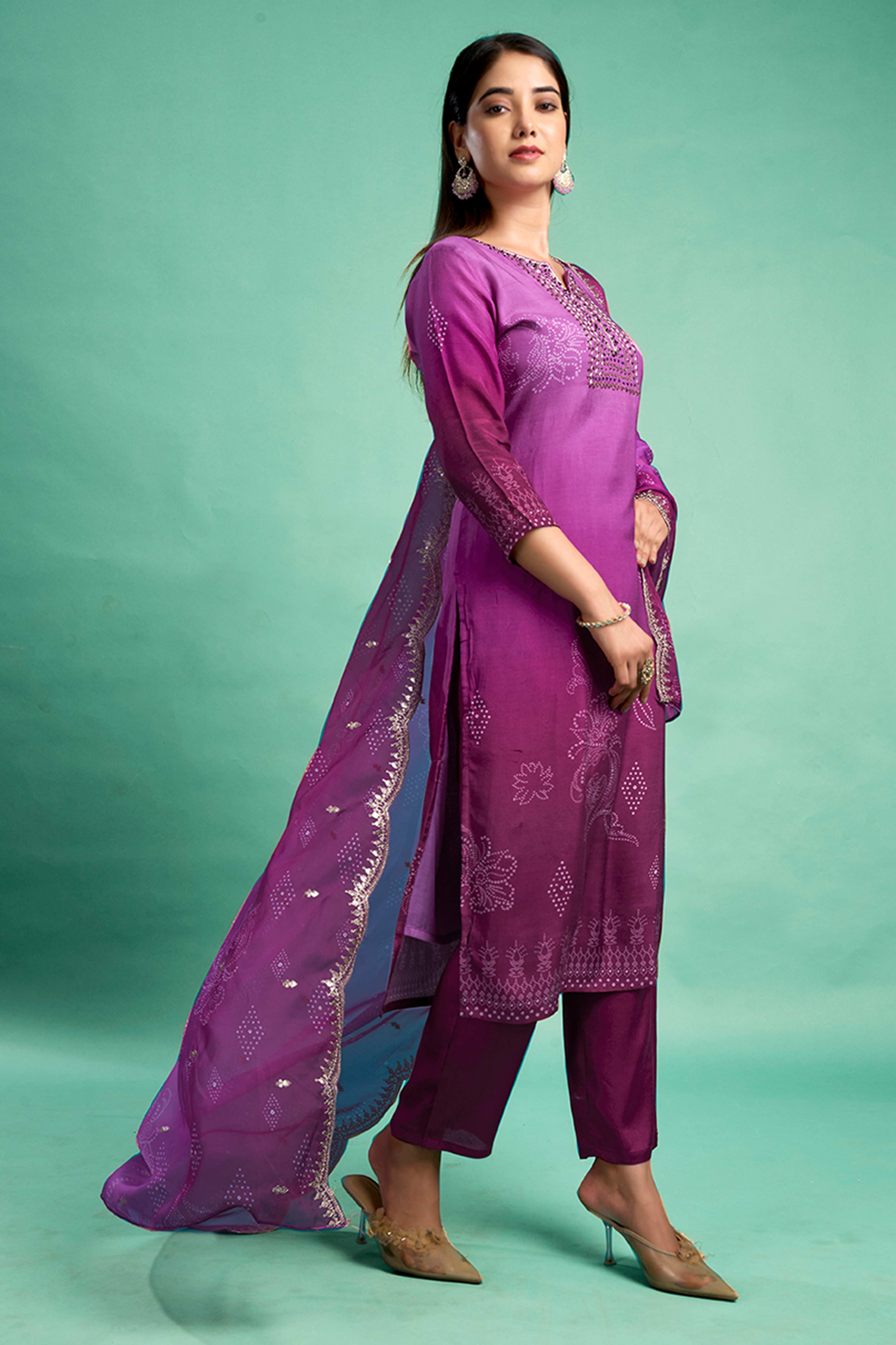 Purple Sequins Embroidered Muslin Straight Salwar Suit