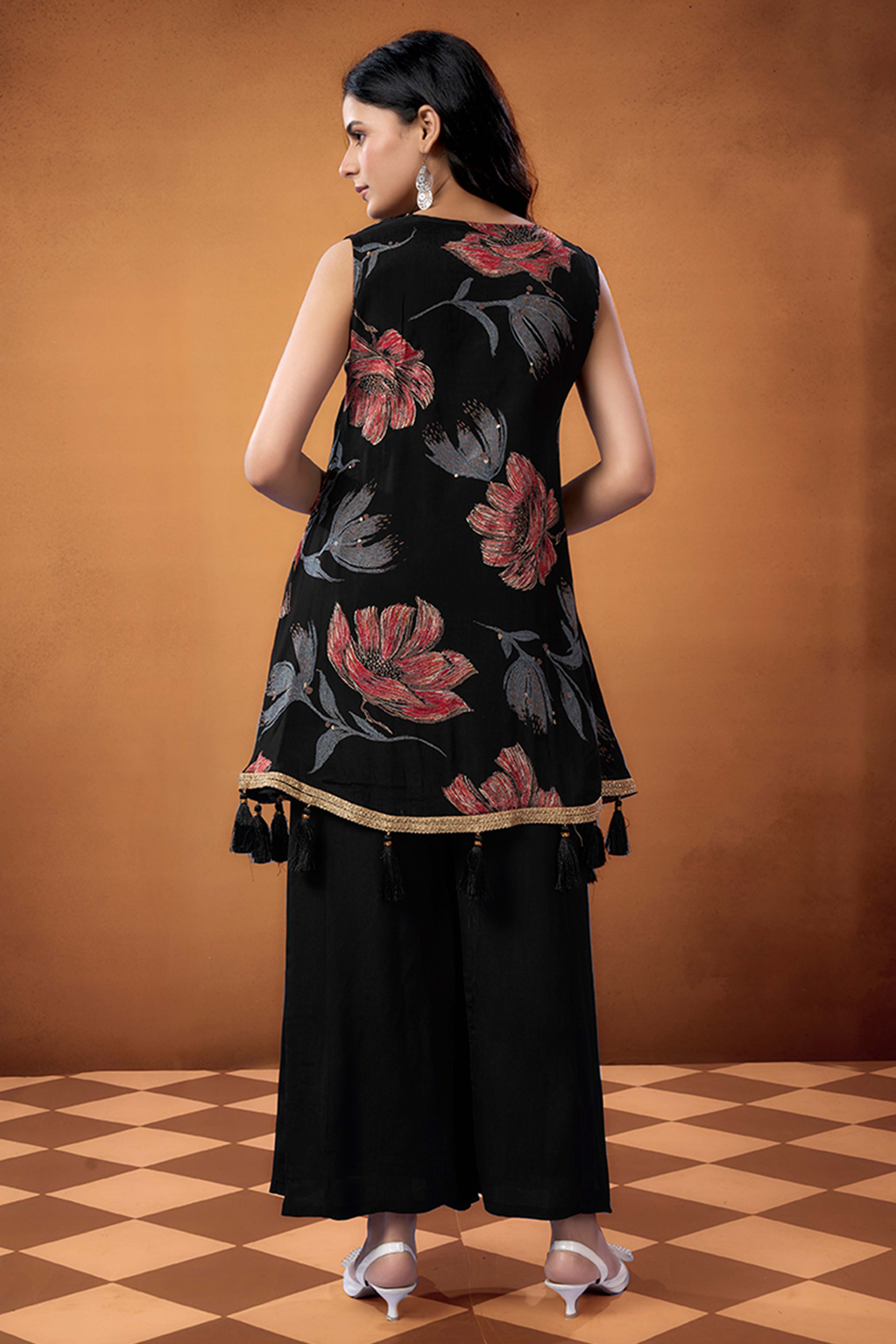 Black Floral Printed Beads Work Pure Chinon A-Line Salwar Suit