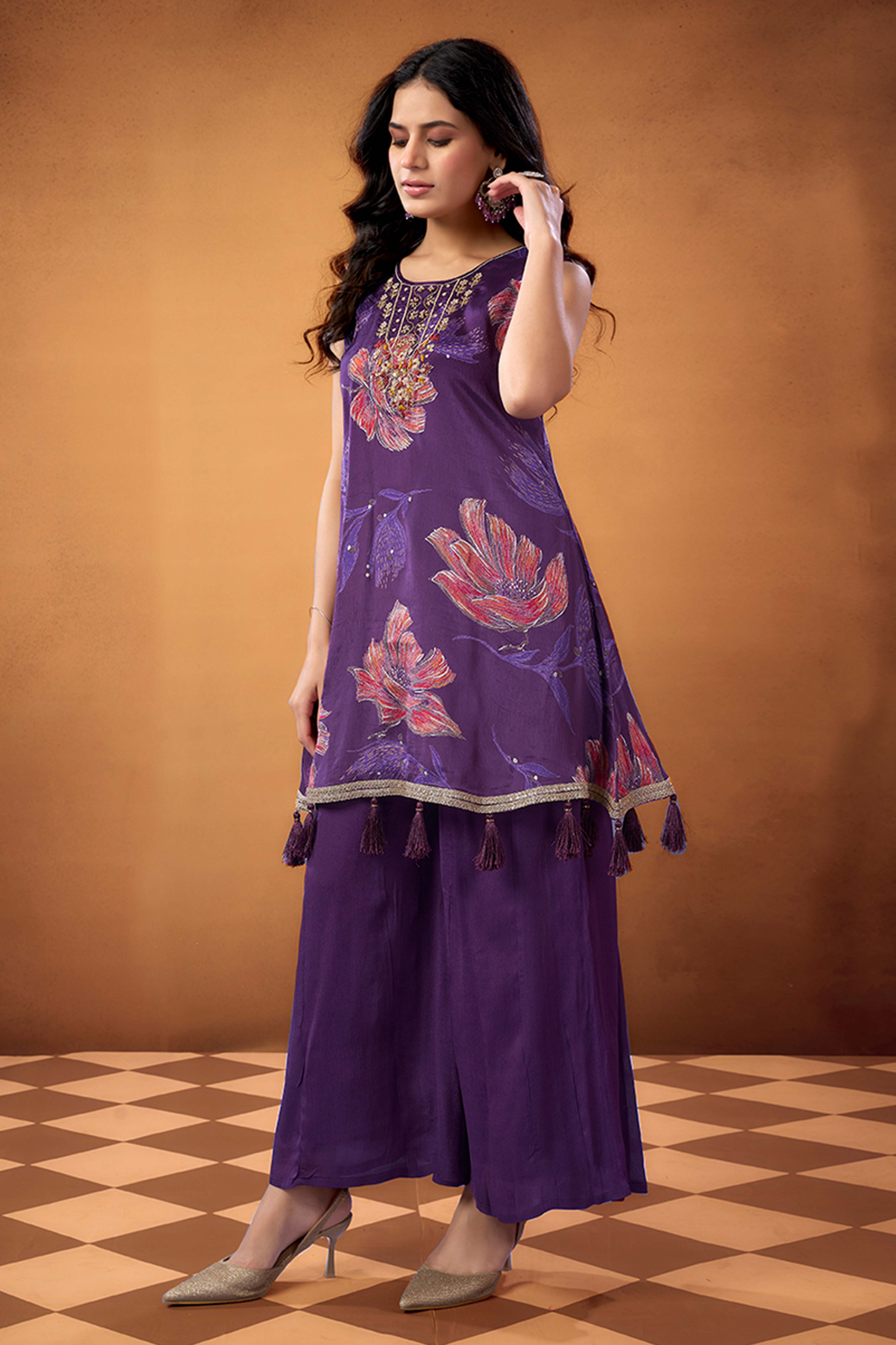 Dark Purple Floral Printed Beads Work Pure Chinon A-Line Salwar Suit