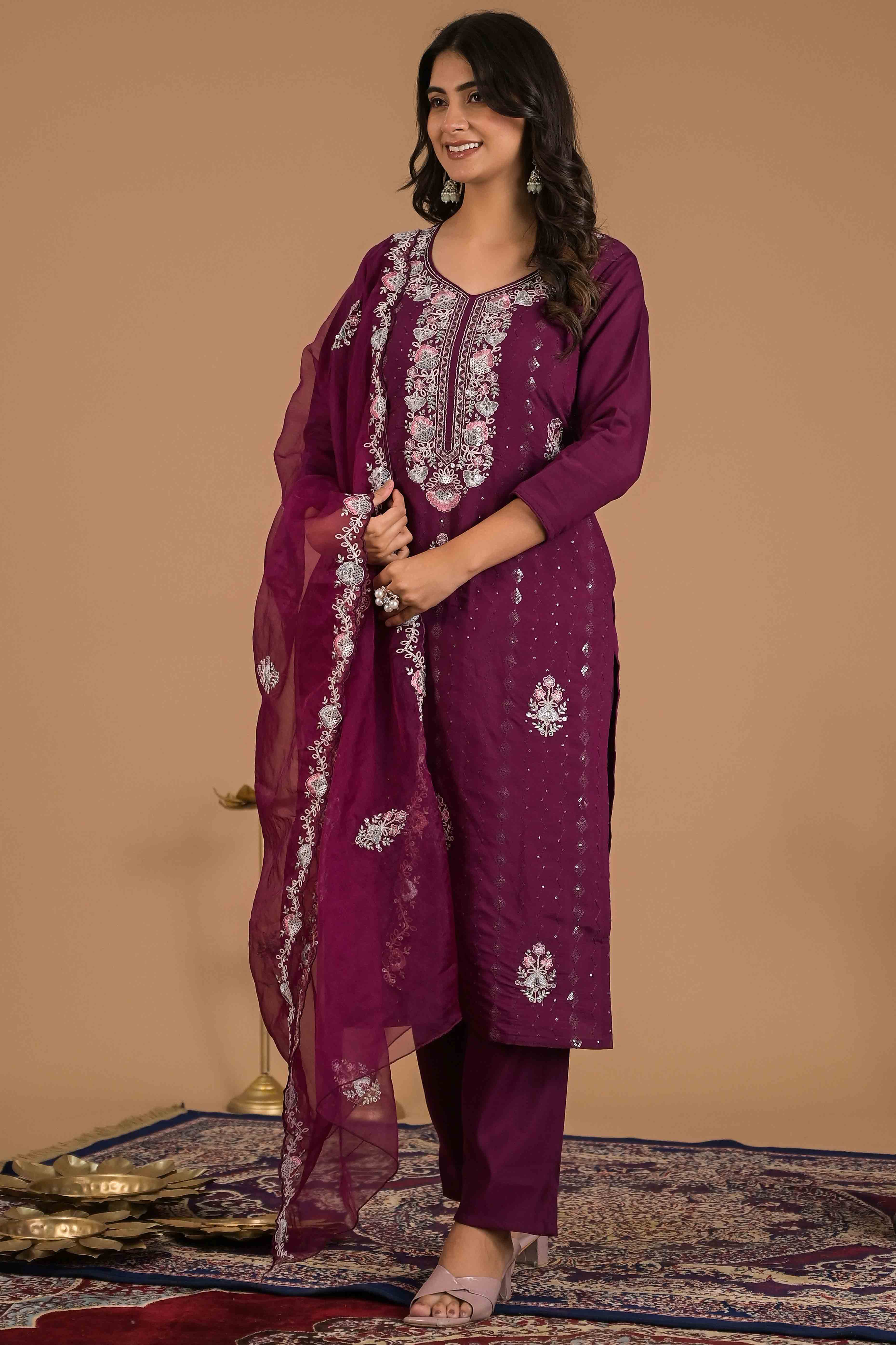 Imperial Purple Floral Embroidered Sequins Work Cotton Silk Straight Salwar Suit