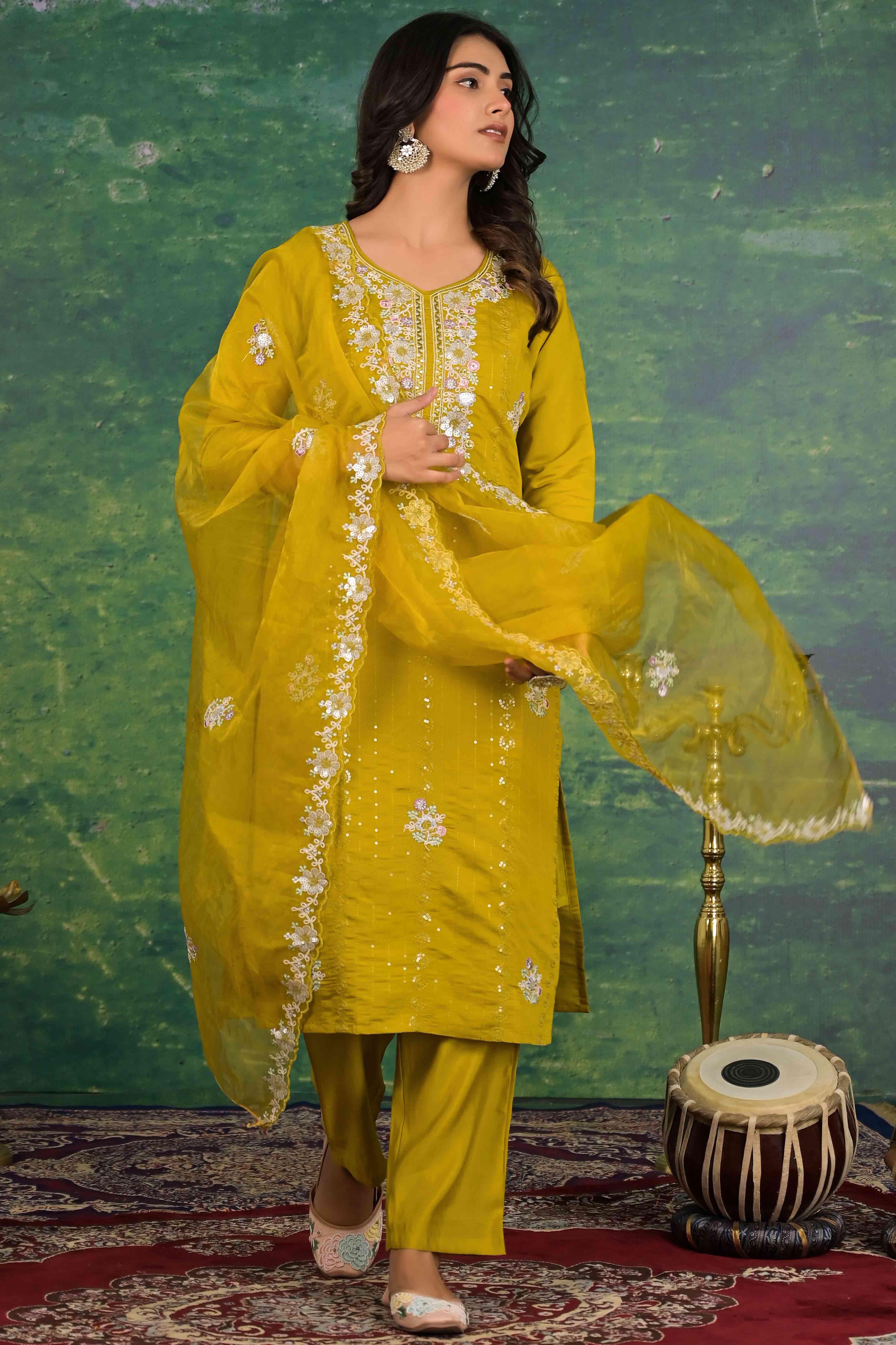 Mustard Floral Embroidered Sequins Work Cotton Silk Straight Salwar Suit