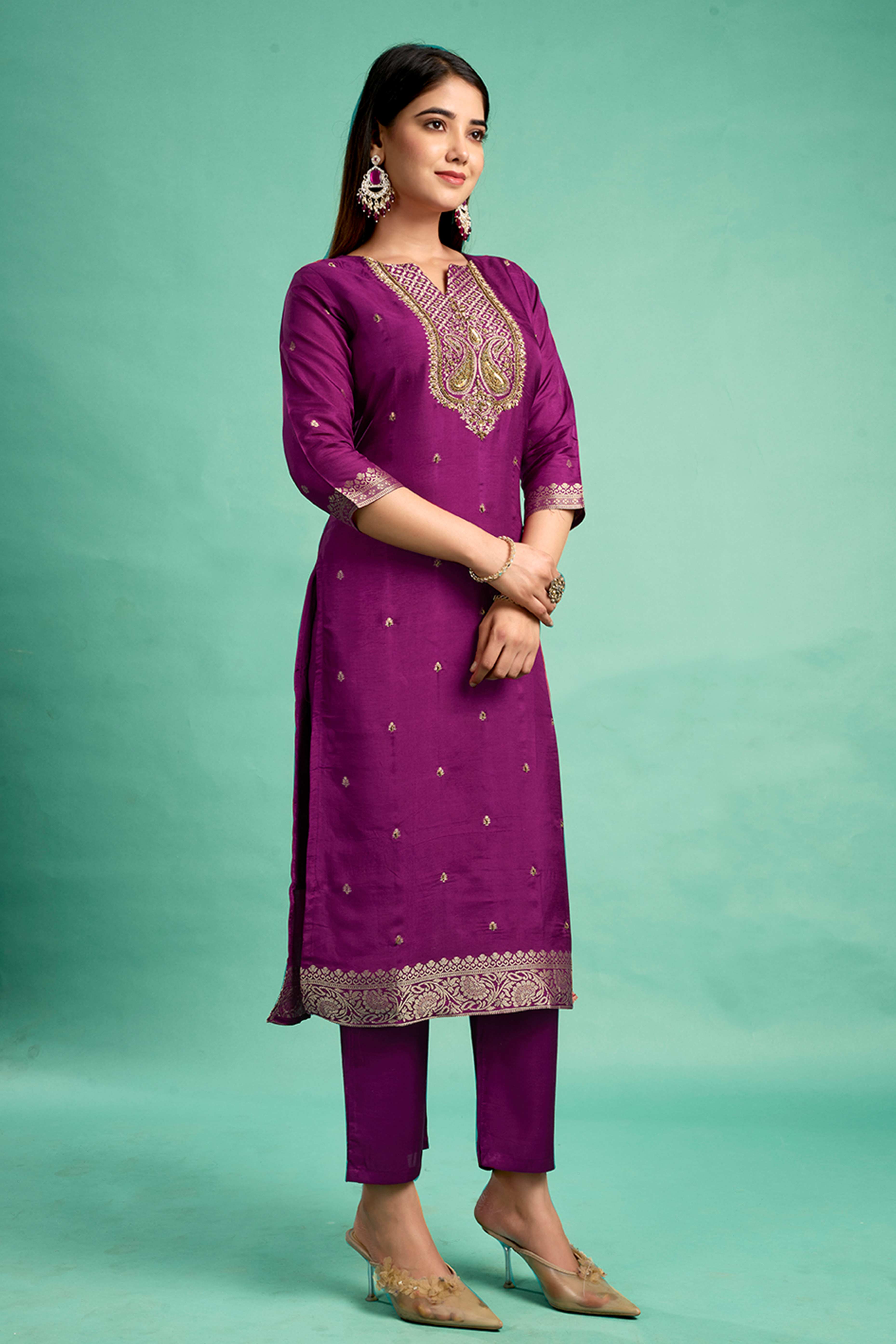 Purple Handwork Embroidered Pure Dola Silk Straight Salwar Suit