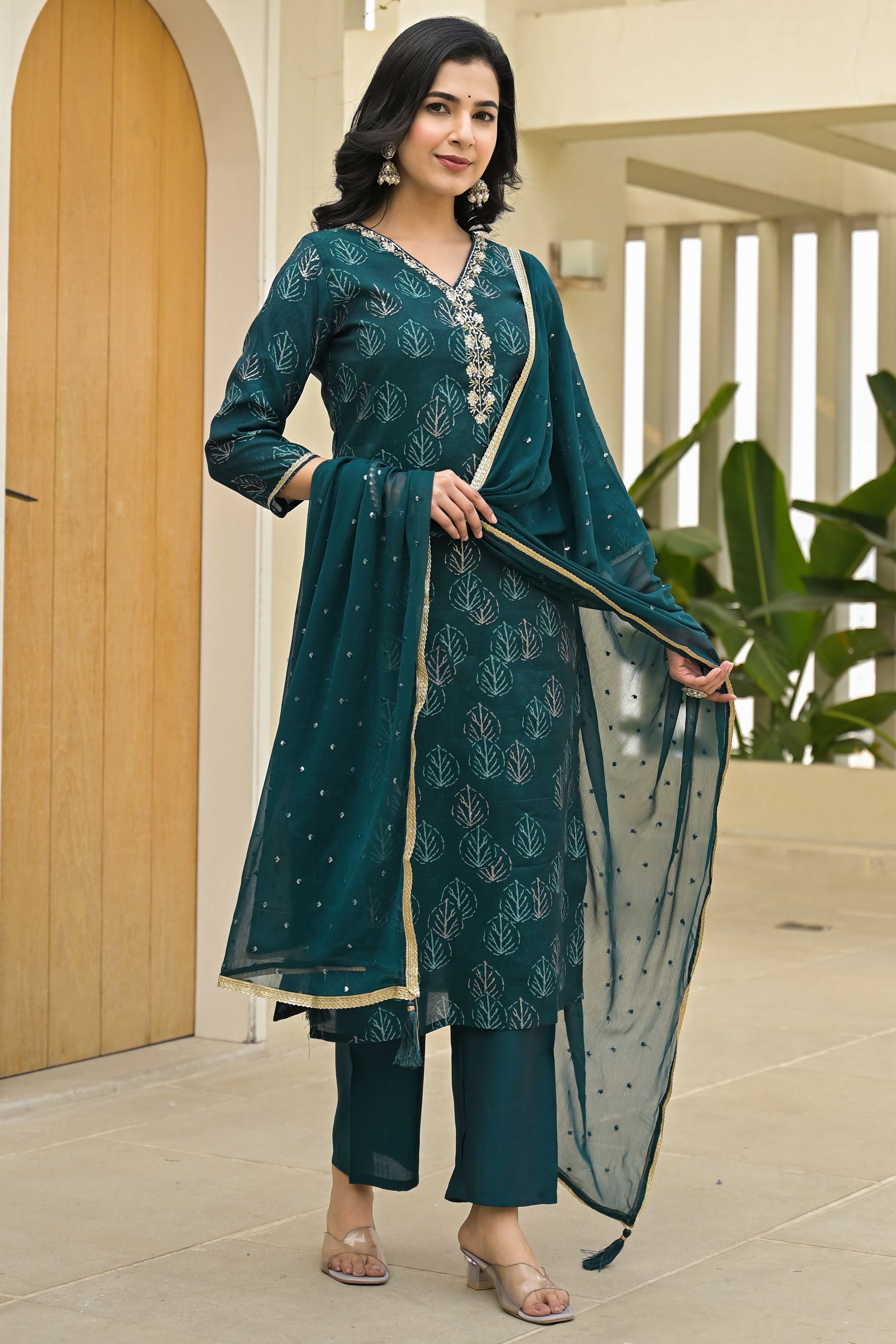Teal Foil Printed Chanderi Straight Salwar Suit