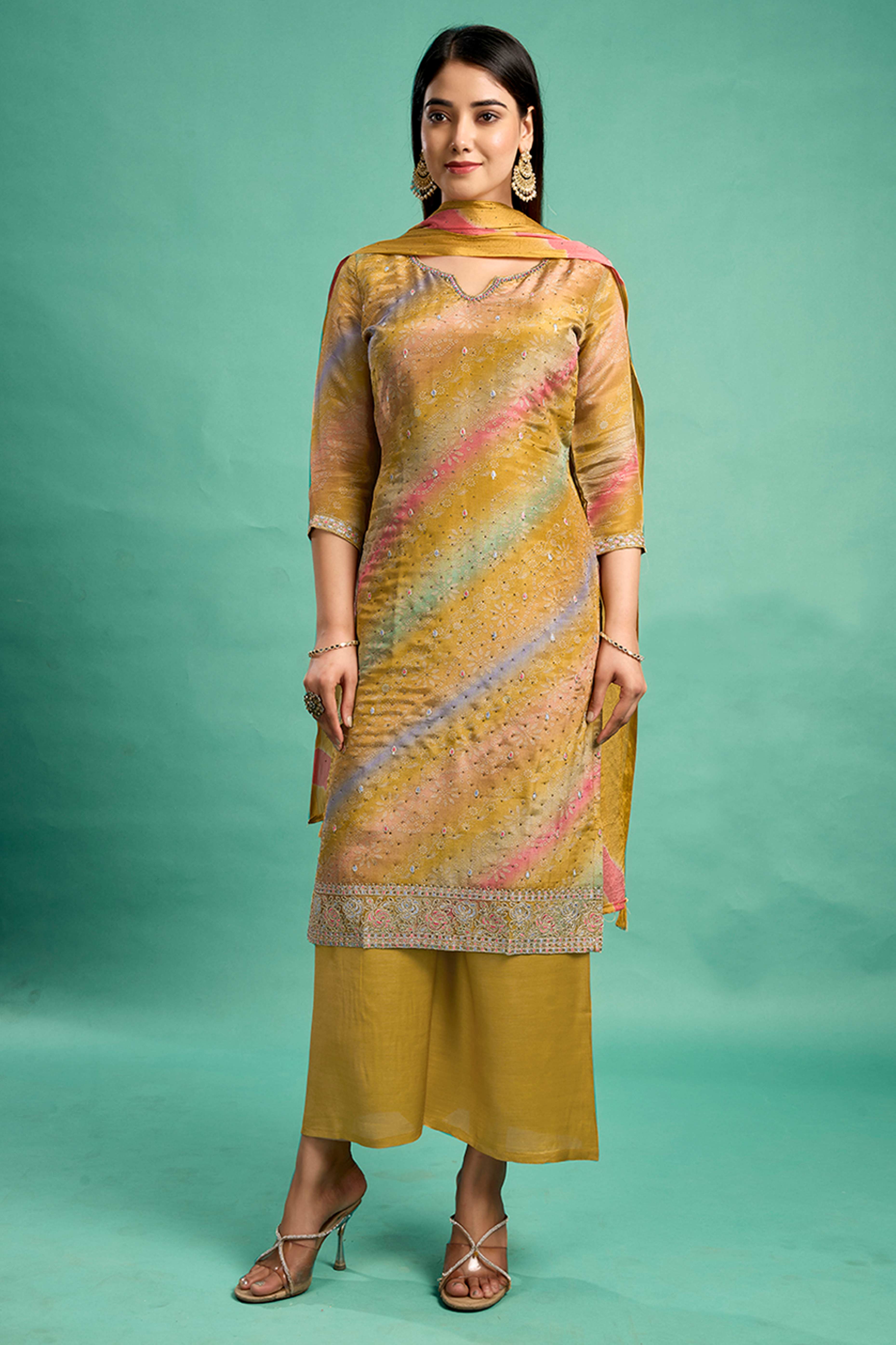 Mustard Pure Shimmer Straight Suit with Stone Embroidery