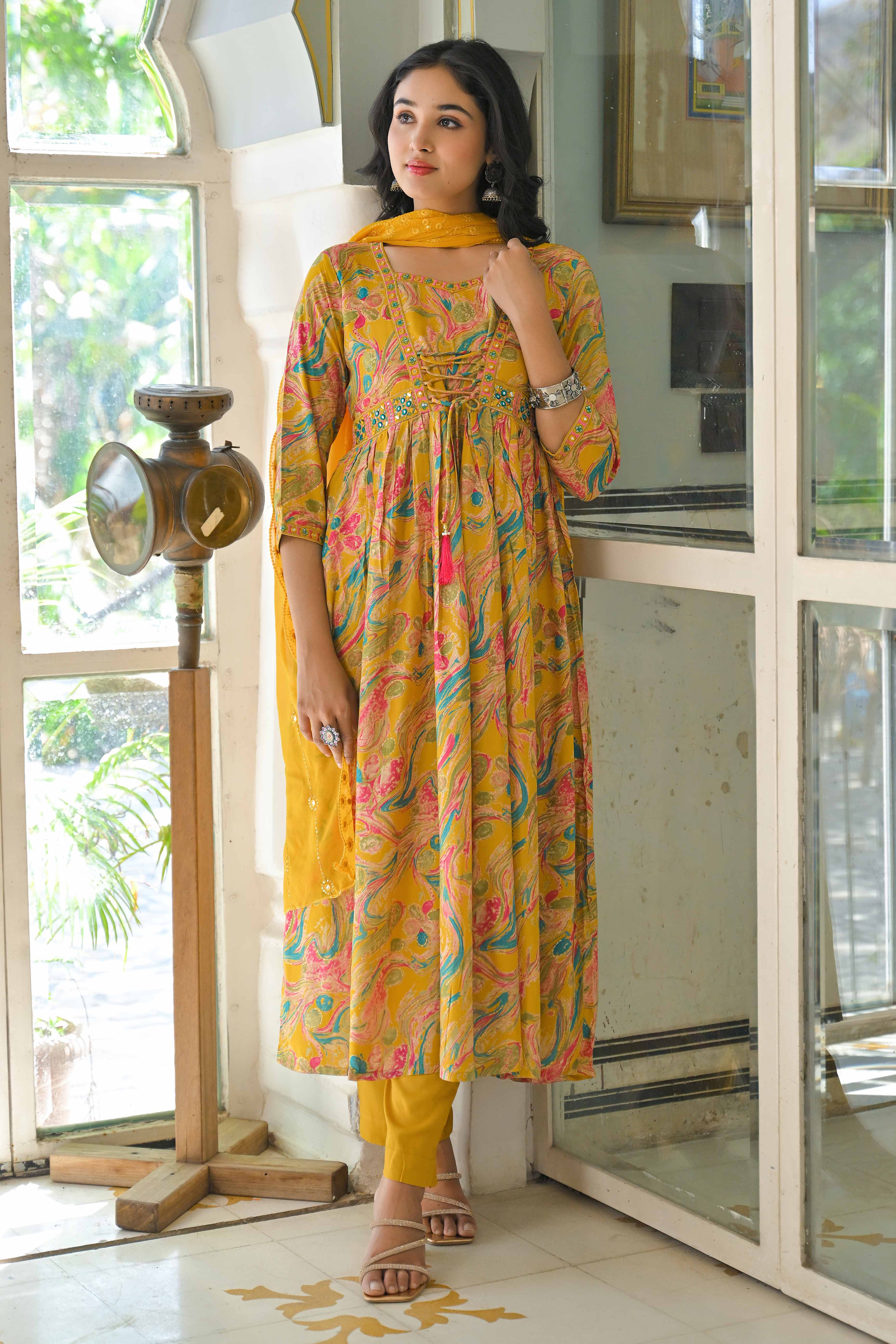 Mustard Floral Printed Rayon A-Line Salwar Suit