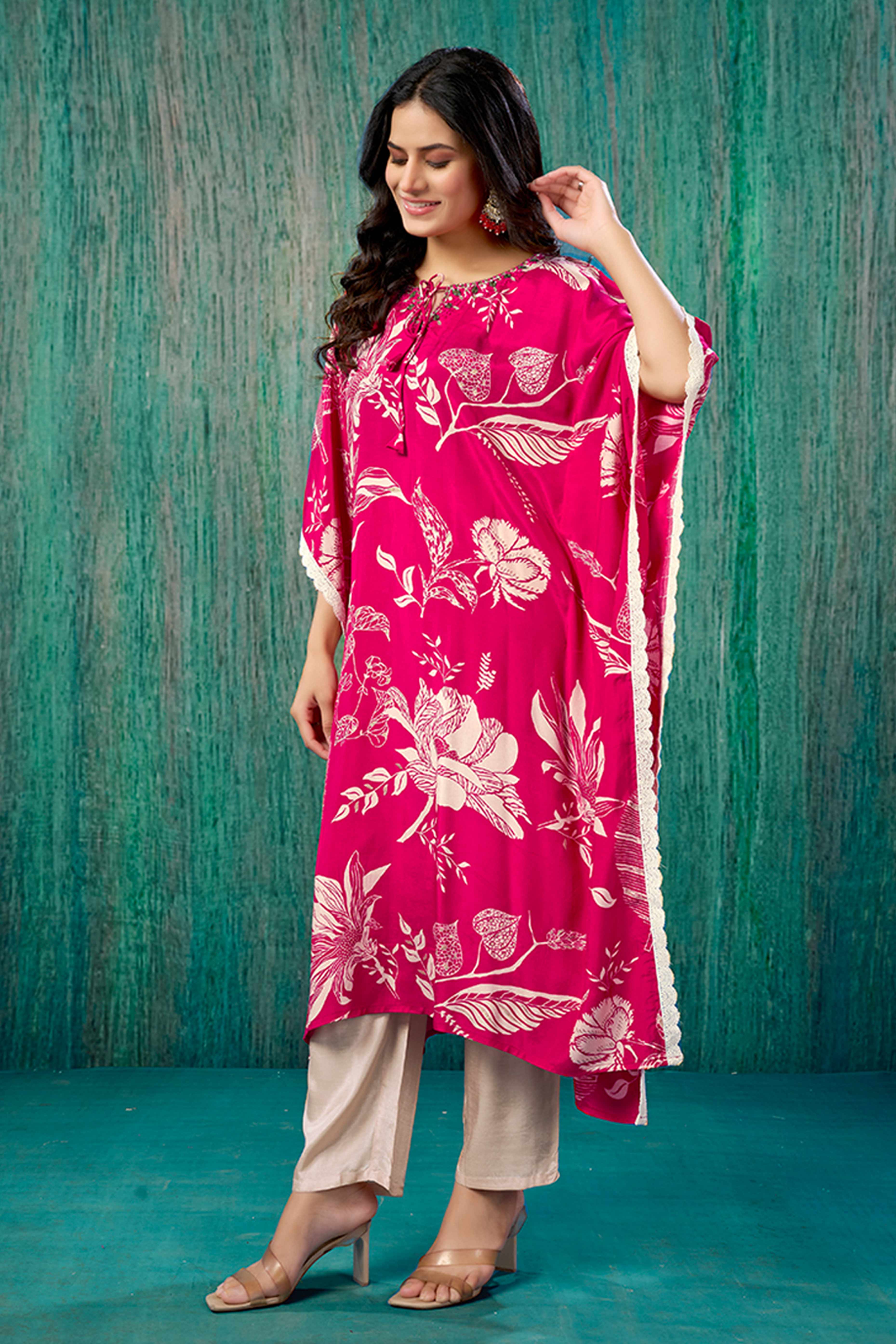 Pink Floral Printed Muslin Kaftan Top Bottom Set