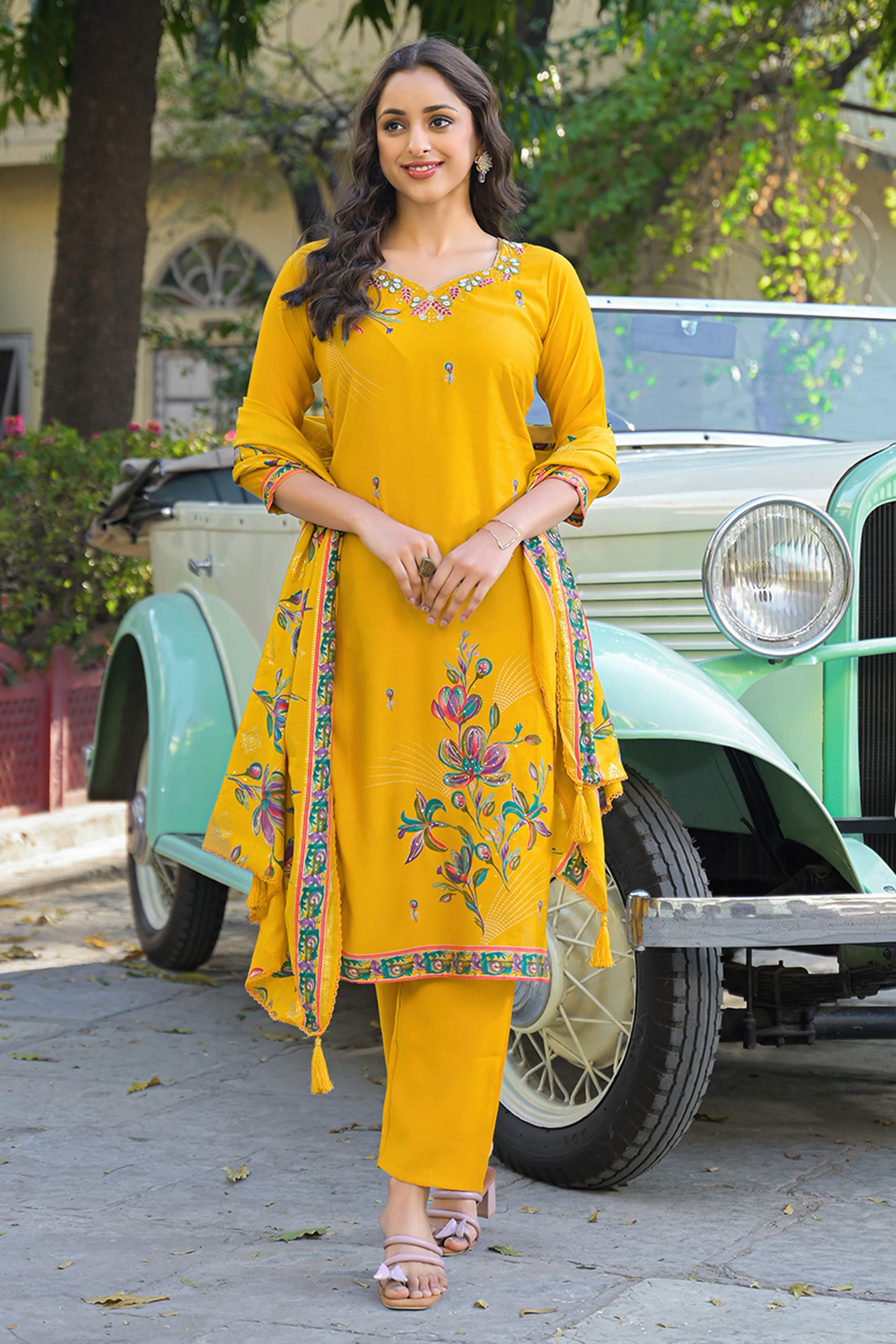 Mustard Floral Printed Thread Work Chanderi Silk Straight Salwar Suit