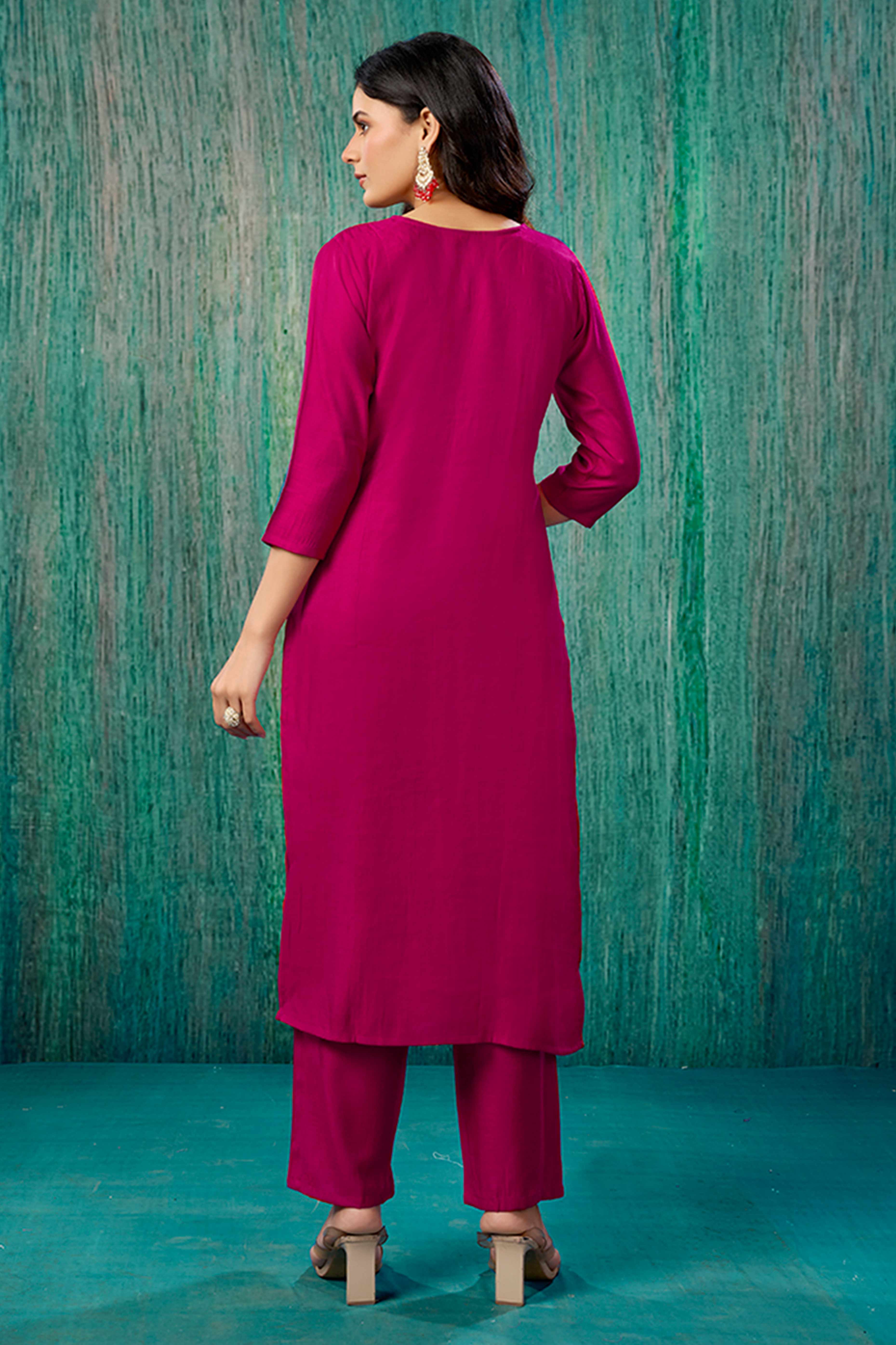 Rani Pink Beads Work Embroidered Chanderi Straight Salwar Suit