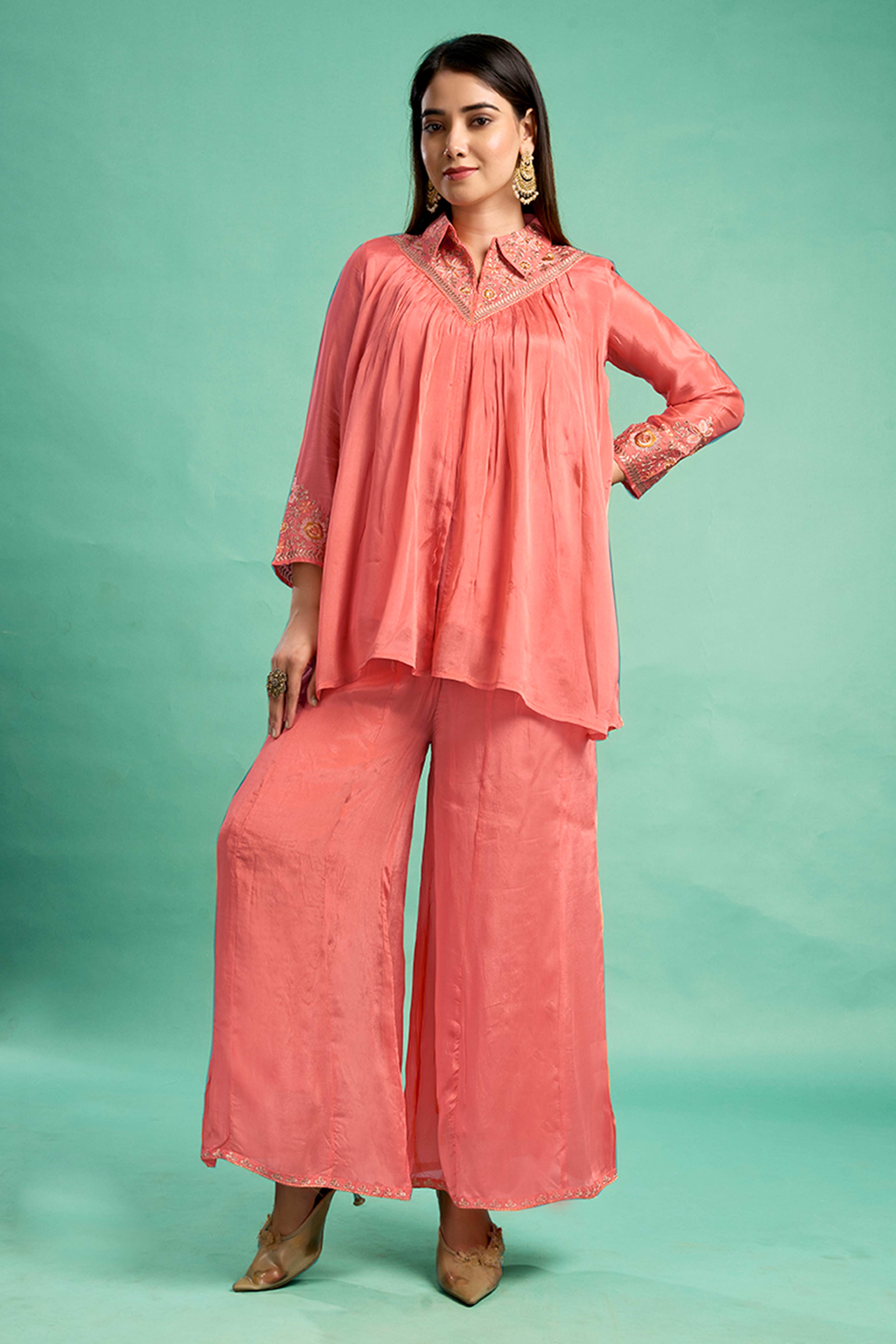 Peach Embroidered Chinon A-Line Co-Ord Set