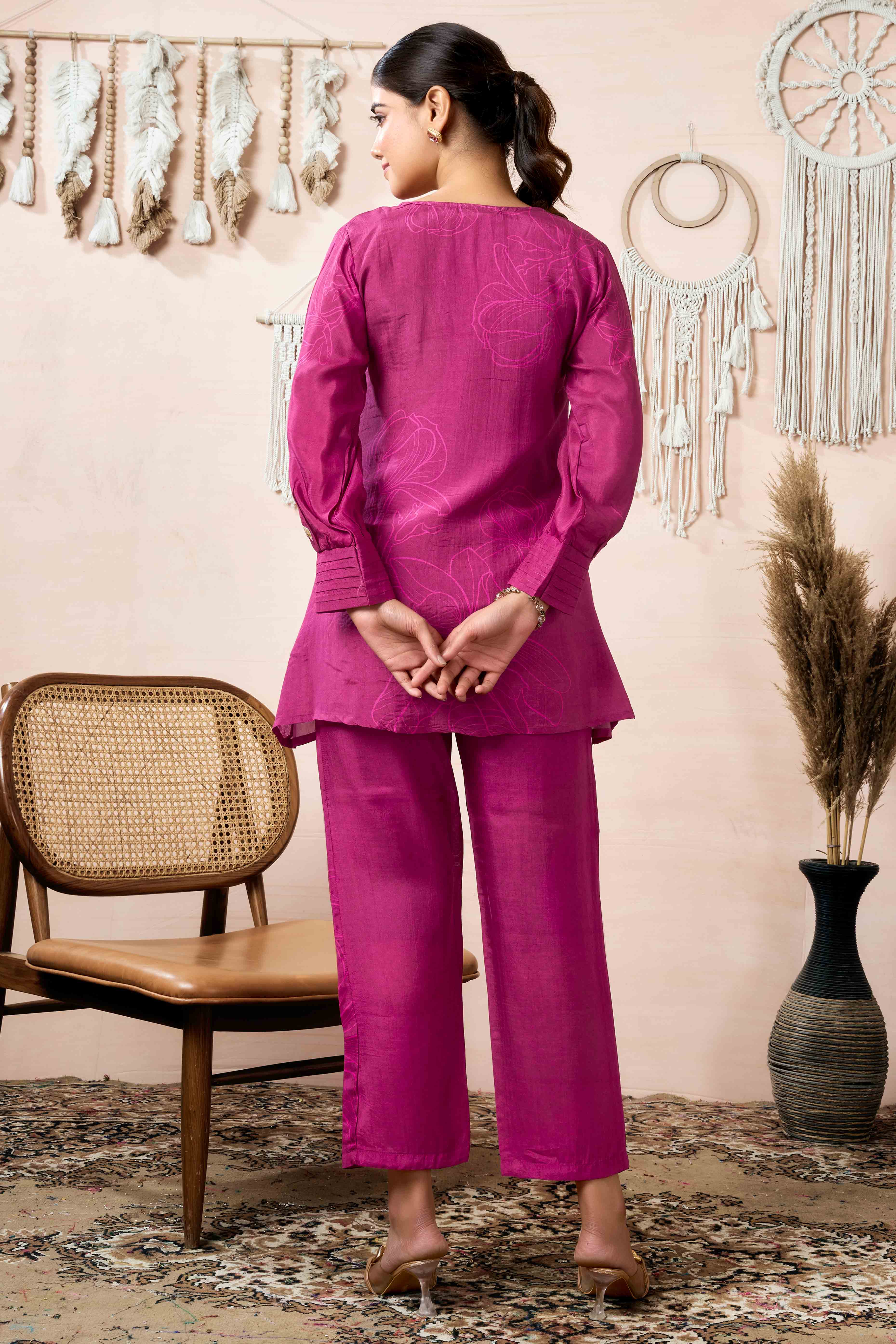 Mulberry Wine Beads Work Digital Printed Muslin Co-Ord Set