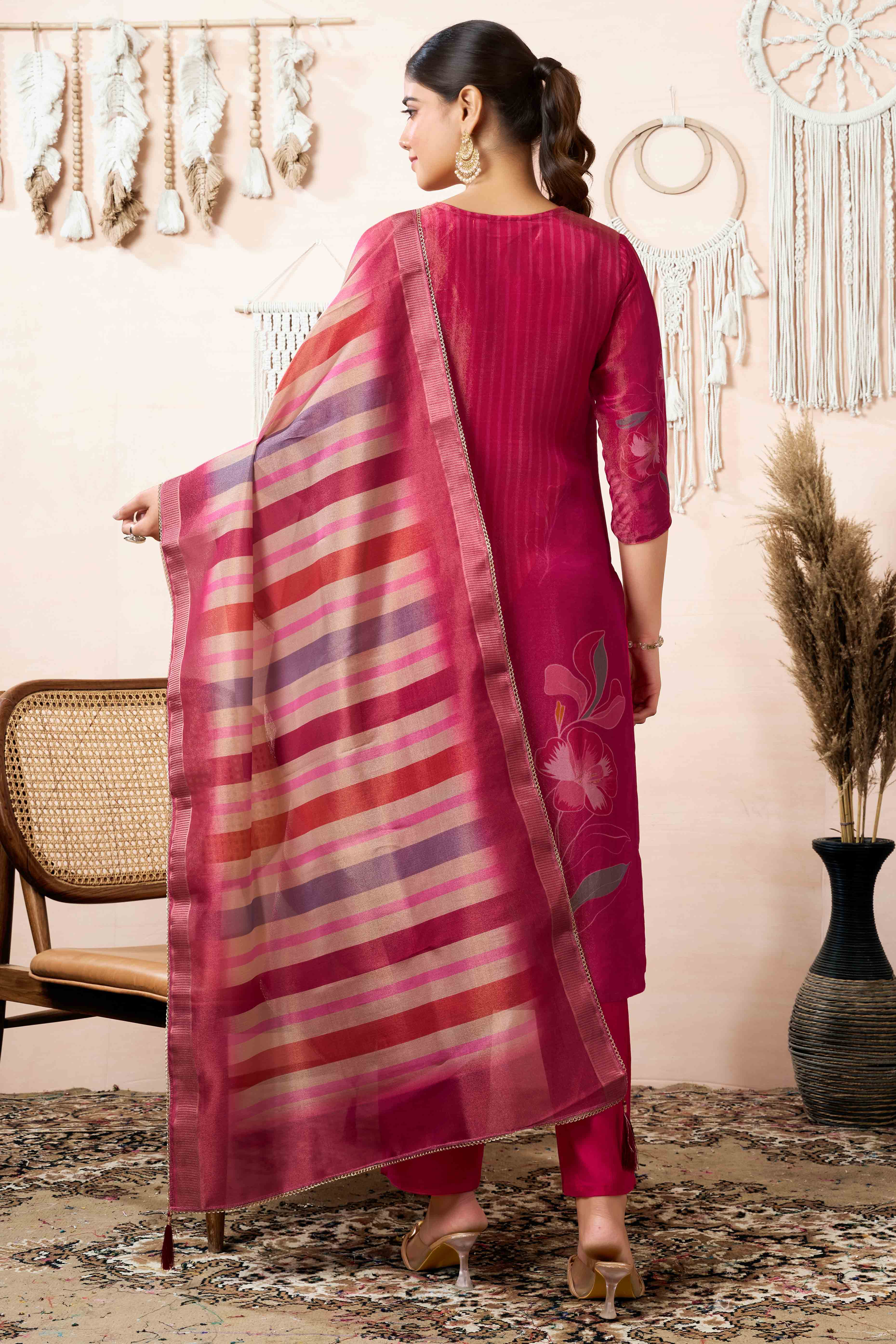 Pink Beads Work Cotton Silk Straight Salwar Suit