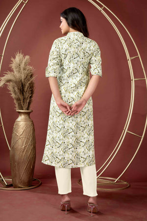 Off White & Green Floral Printed Pure Cotton Slub Straight Kurti
