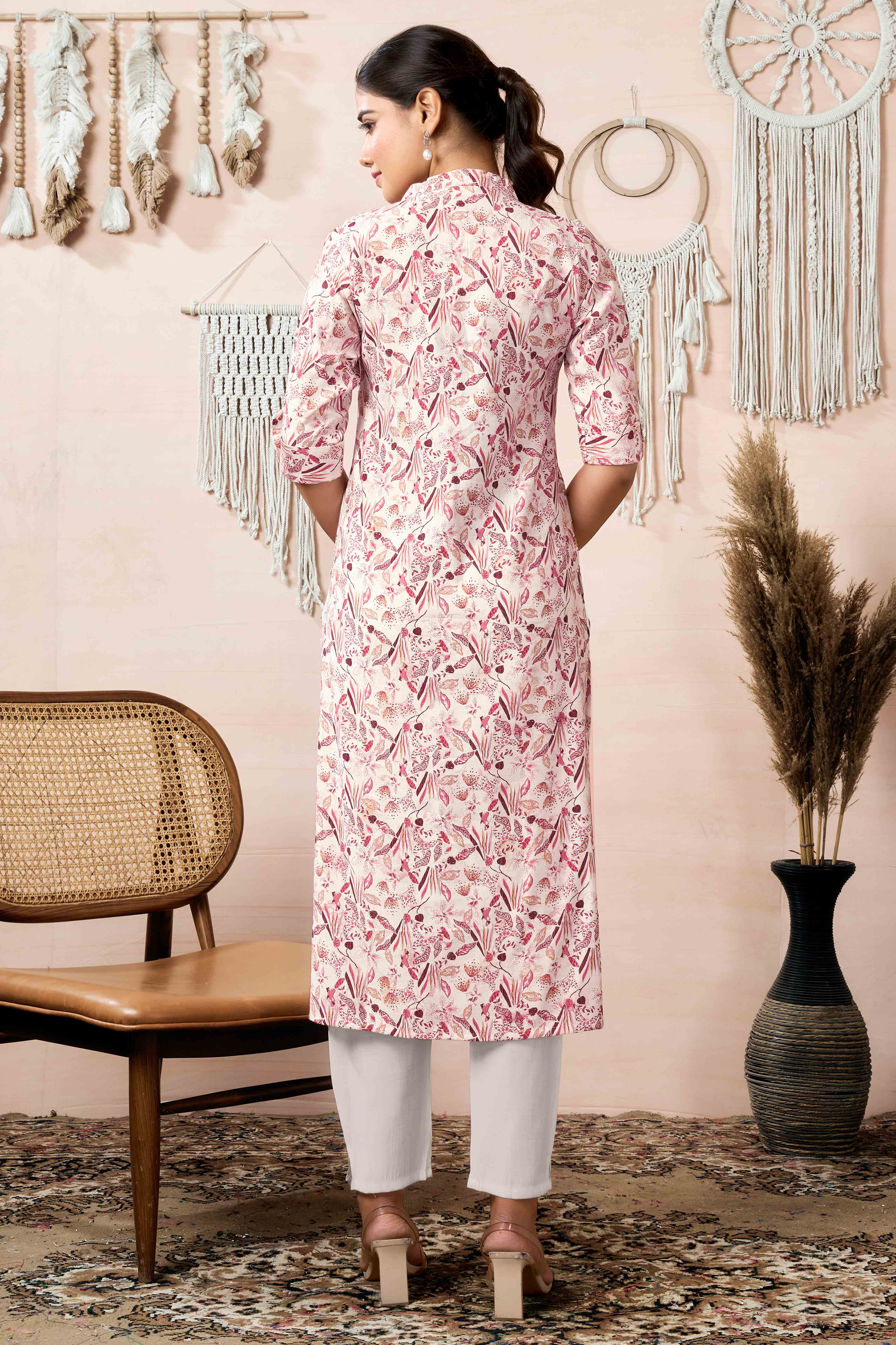 Off White & Wine Floral Printed Pure Cotton Slub Straight Kurti