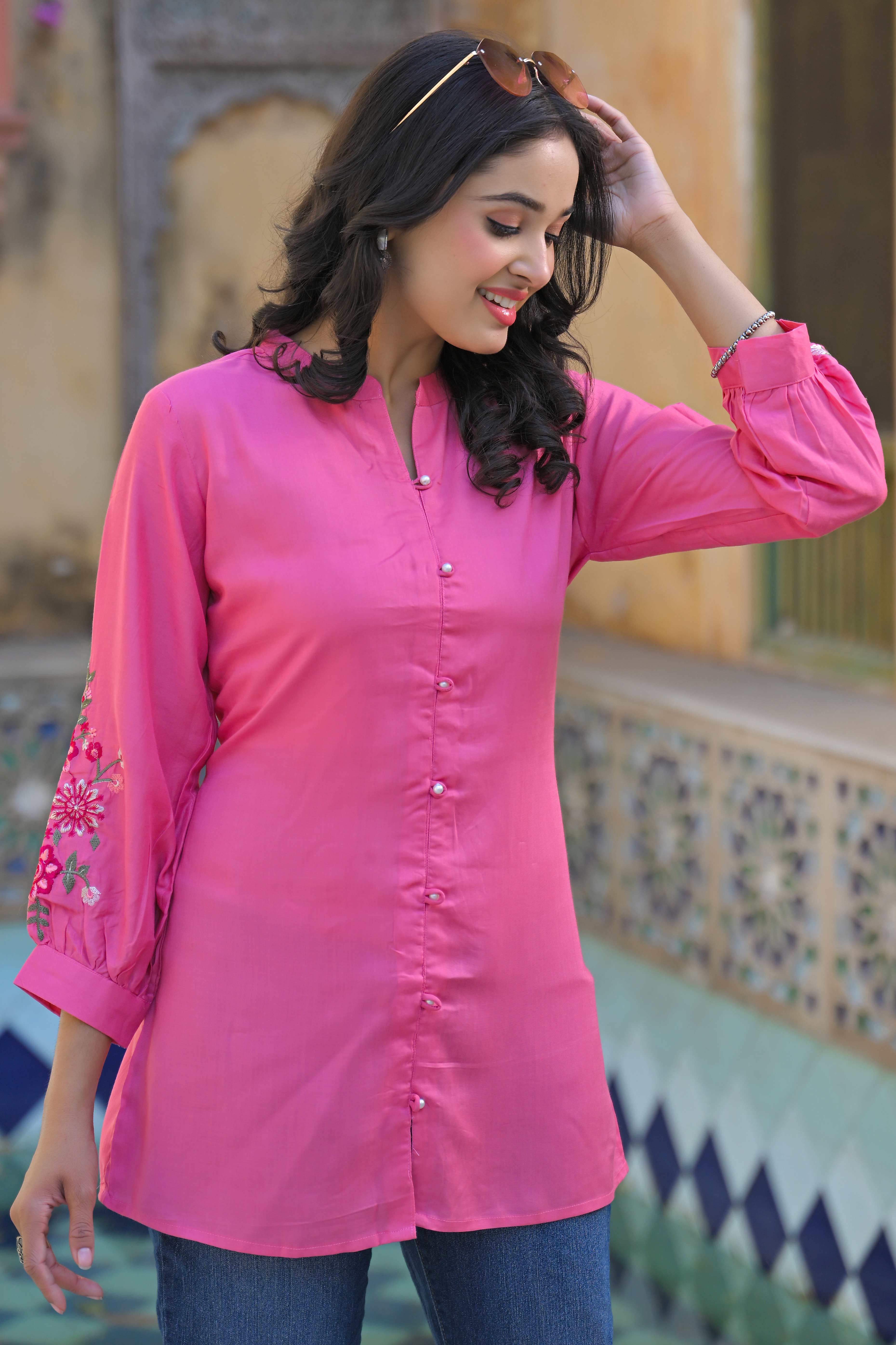 Pink Floral Embroidered Rayon Straight Top