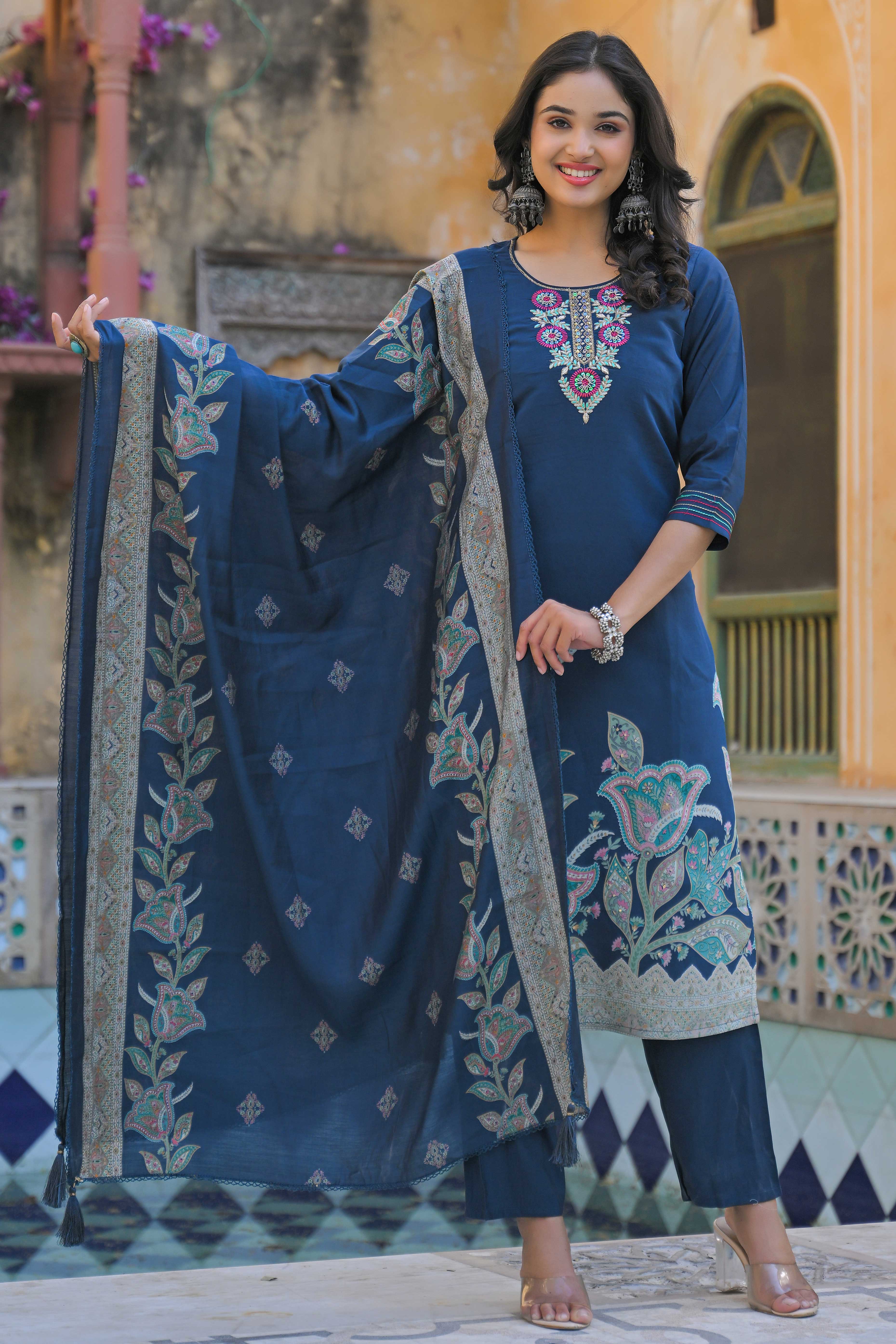 Traditional Morpich Blue Hand Embroidered Chanderi Silk Suit