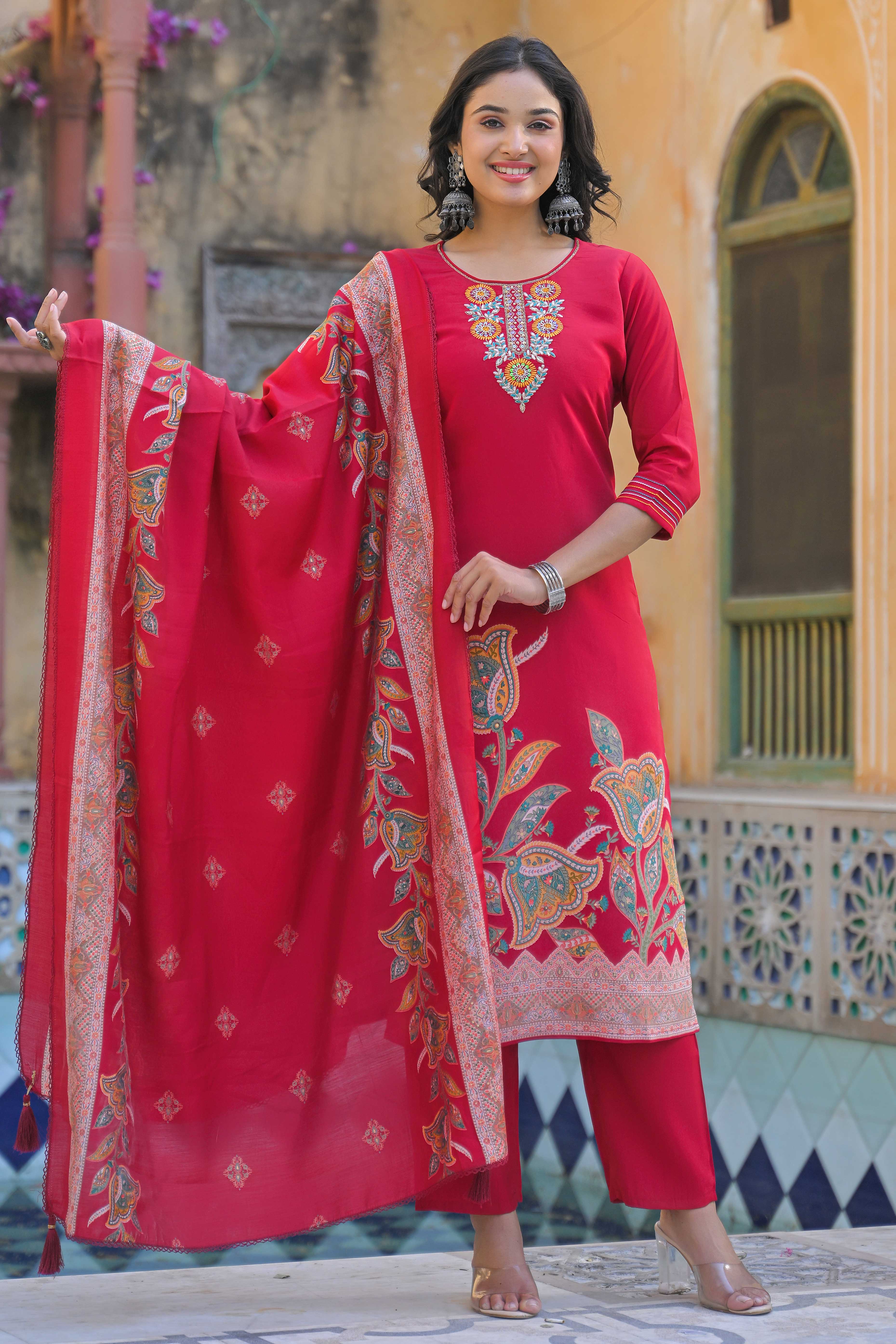 Pink Floral Handwork Embroidered Chanderi Silk Straight Salwar Suit