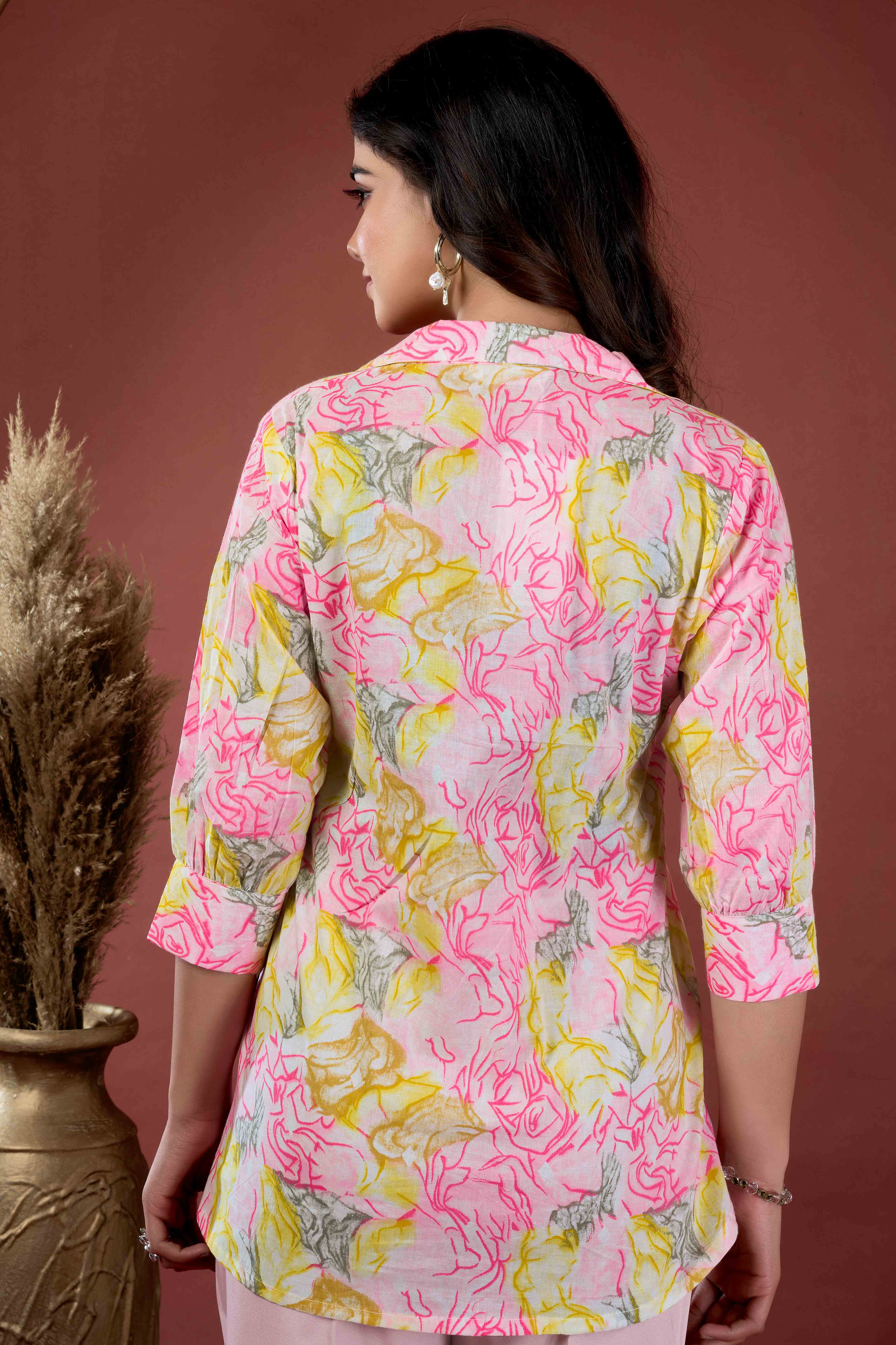 Yellow & Pink Floral Printed Pure Cotton A-Line Top