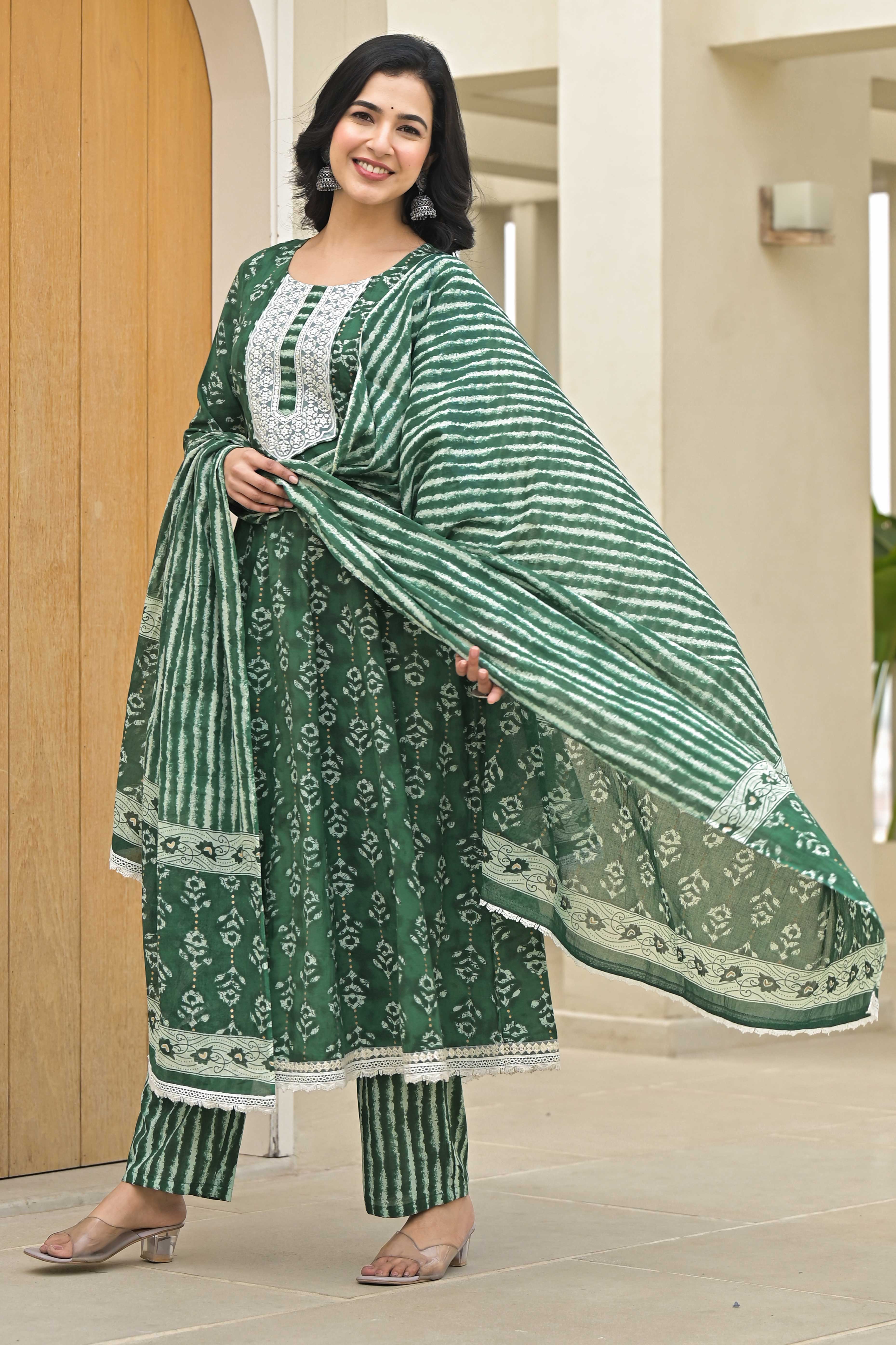 Green Floral Printed Pure Cotton Anarkali Salwar Suit