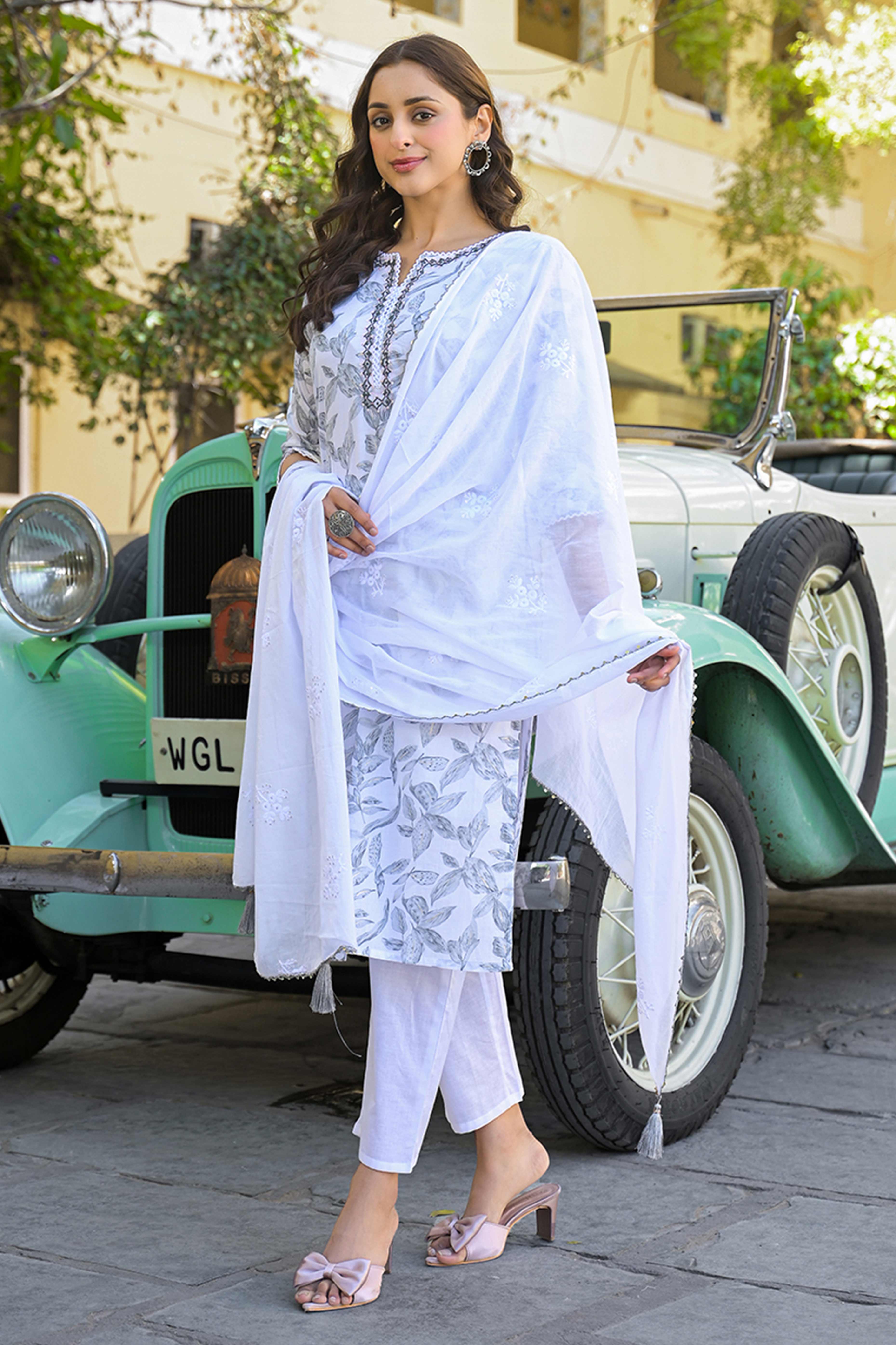 White & Grey Floral Printed Pure Cotton Straight Salwar Suit