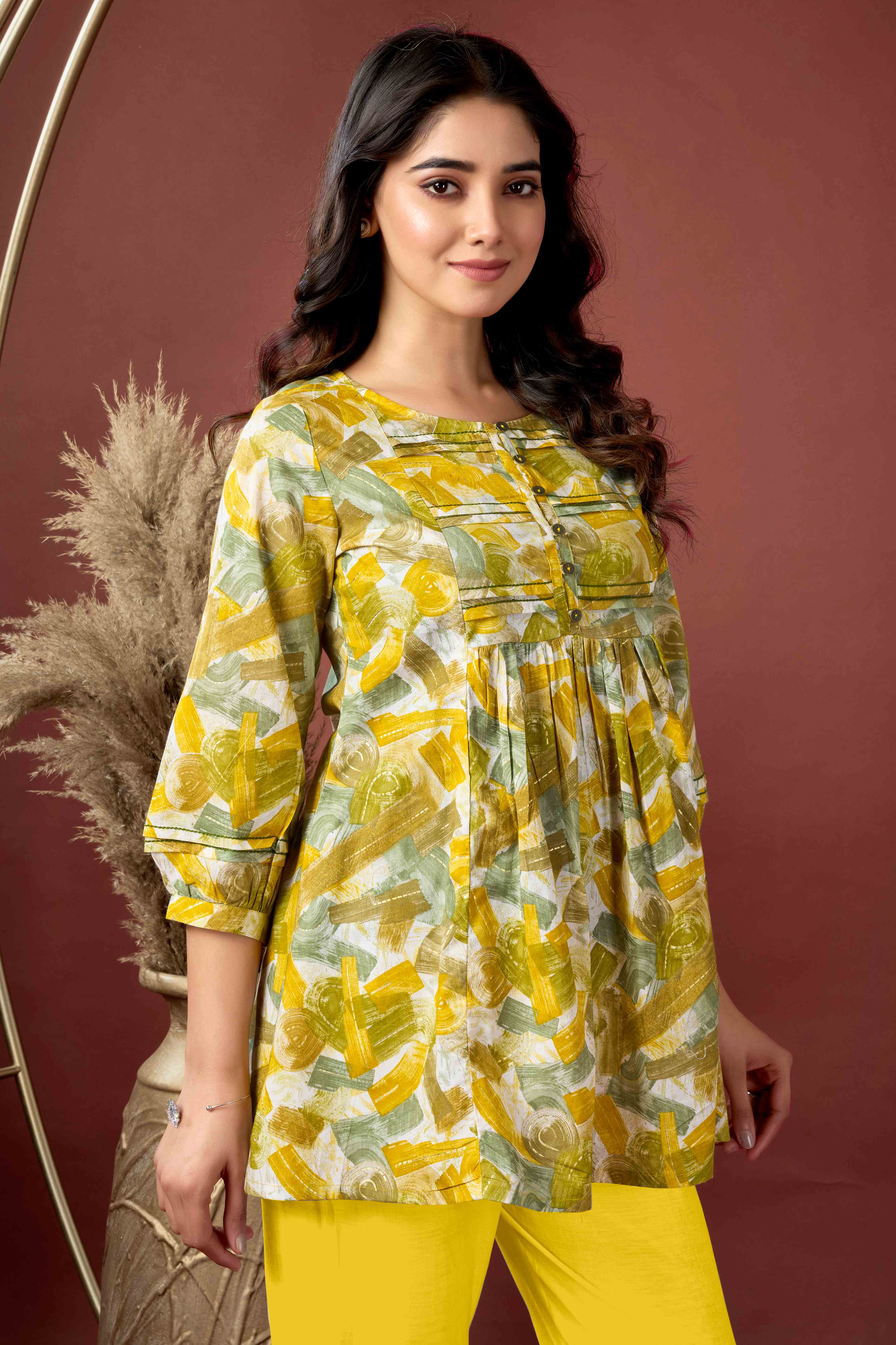 Mustard Abstract Printed Pure Cotton A-Line Top