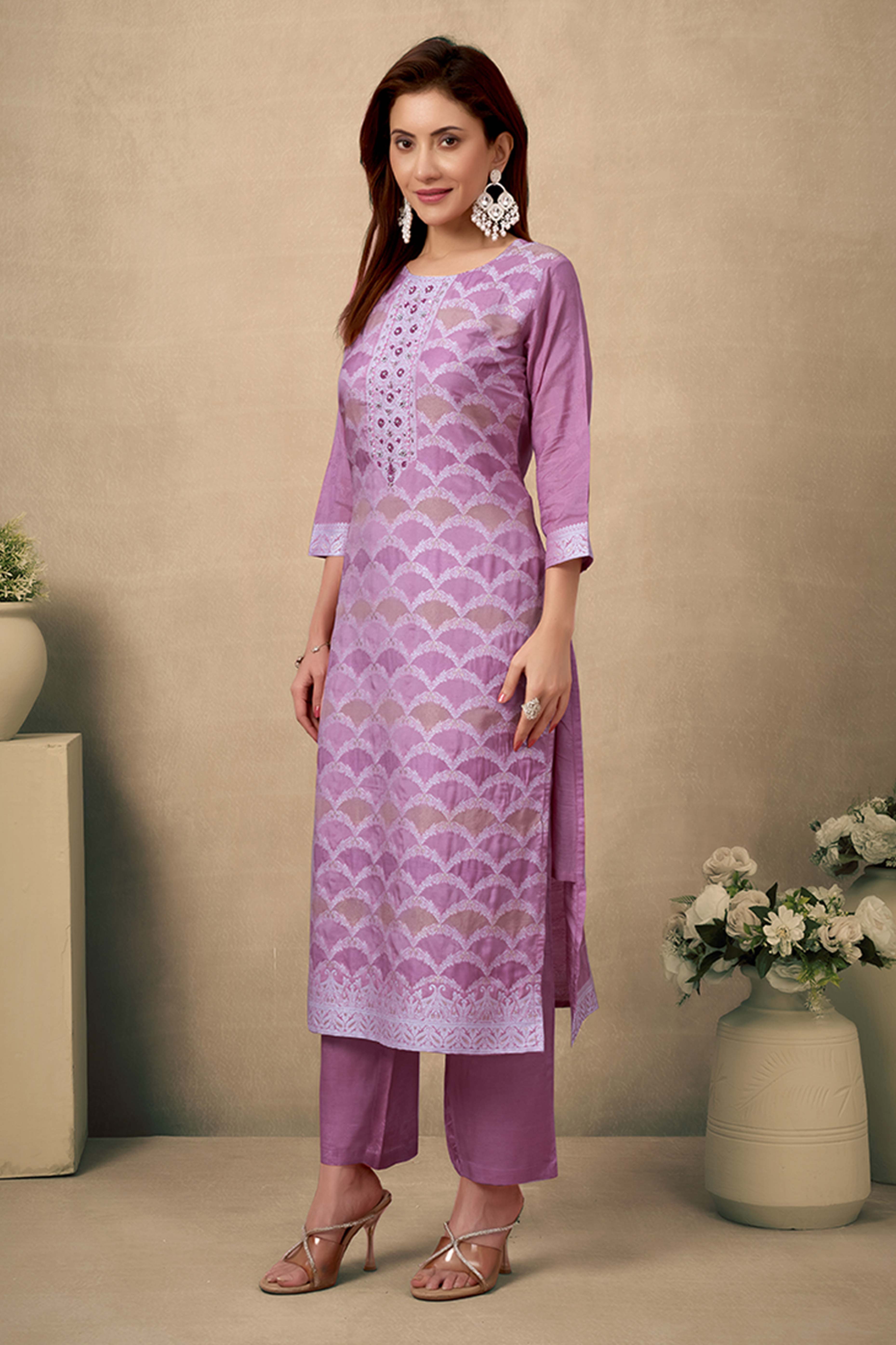 Light Purple Silk Jacquard Straight Salwar Suit with Embroidery Work