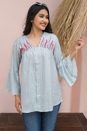 Elegant Light Sky Blue A-Line Cotton Top with Delicate Floral Work