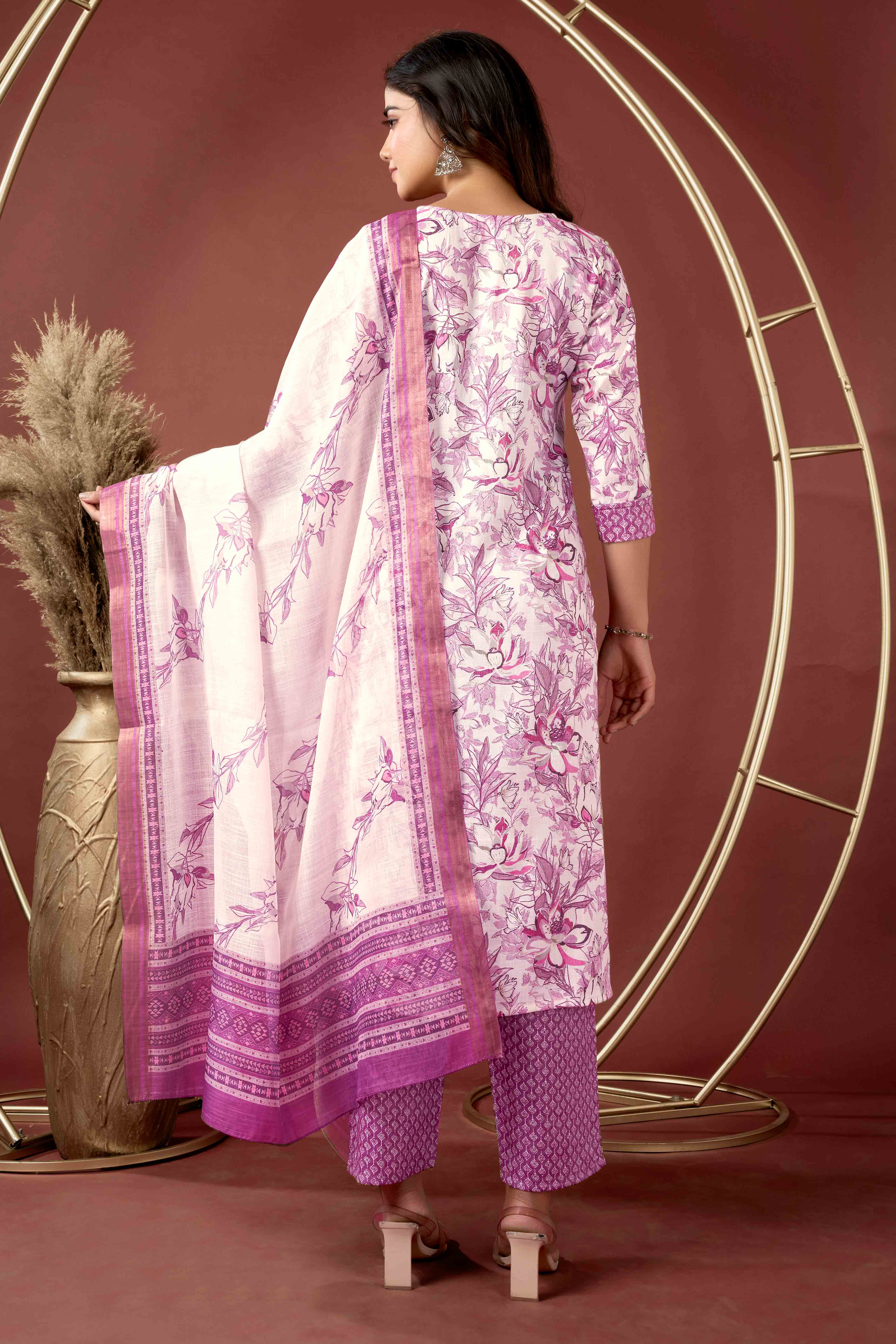 Off White & Wine Floral Foil Printed With Sequins Work Rayon Salwar Suit