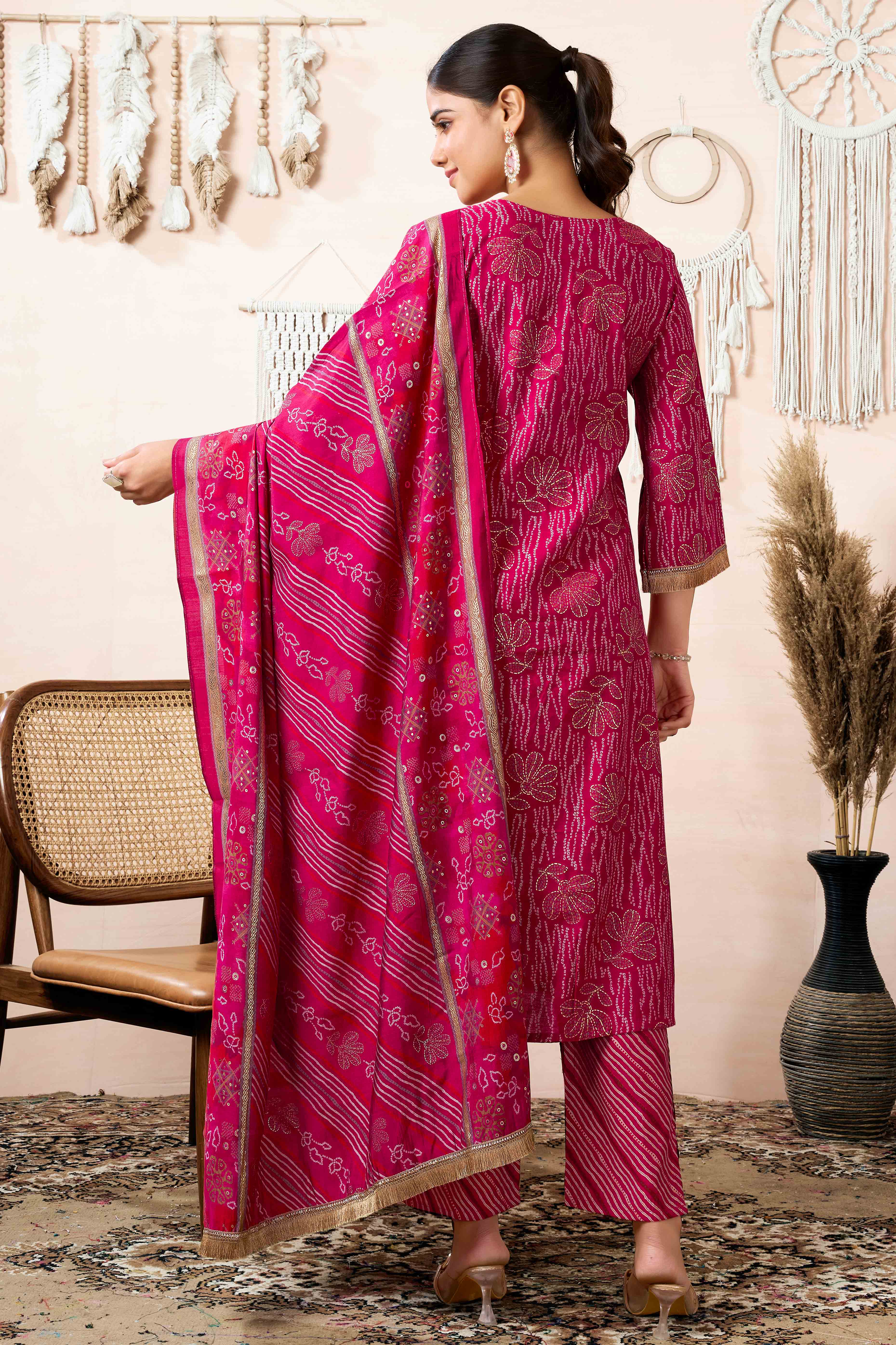 Pink Floral Foil Printed Chanderi Silk Straight Salwar Suit