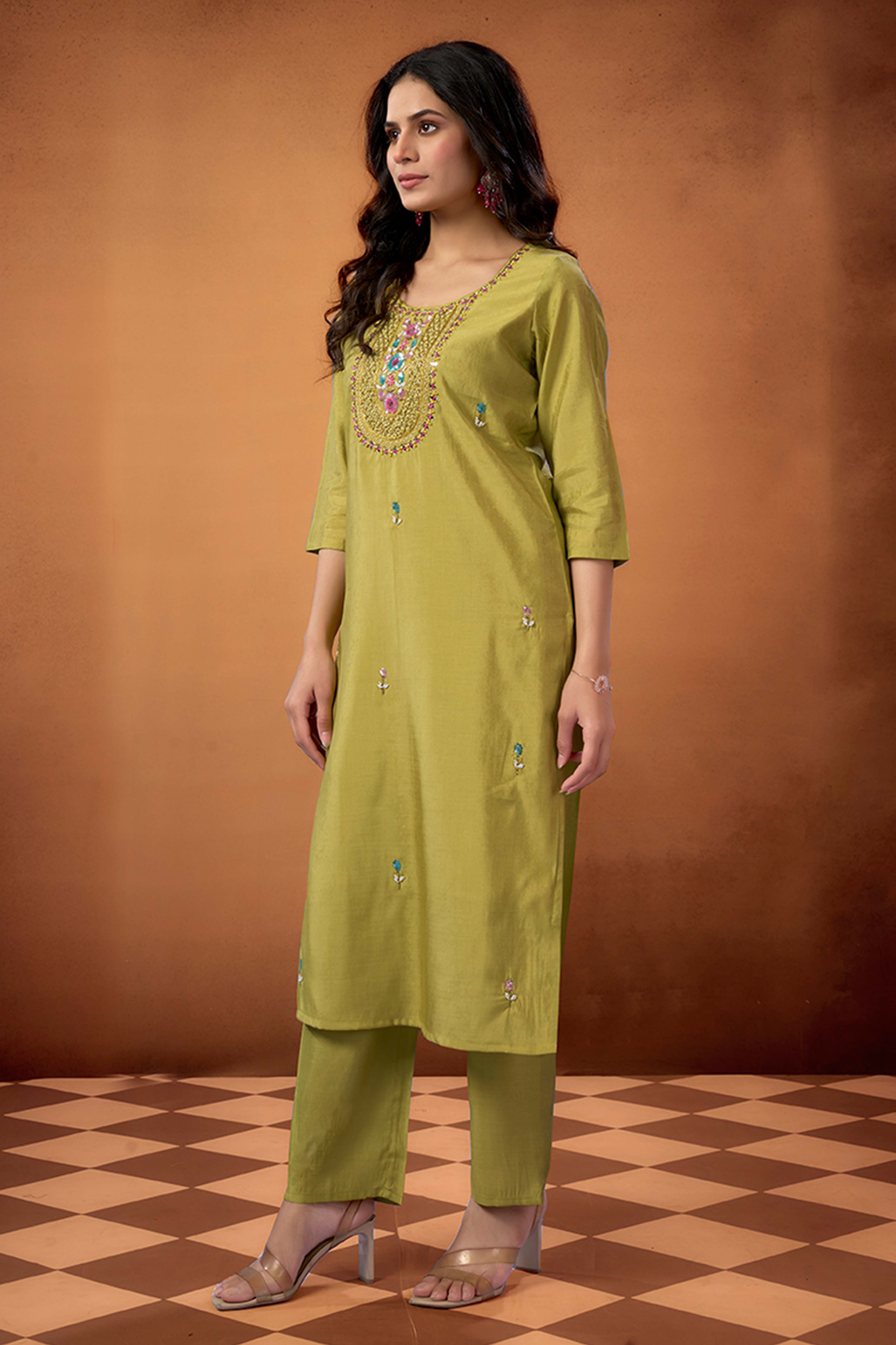 Lime Green Beads Work Embroidered Shimmer Straight Salwar Suit