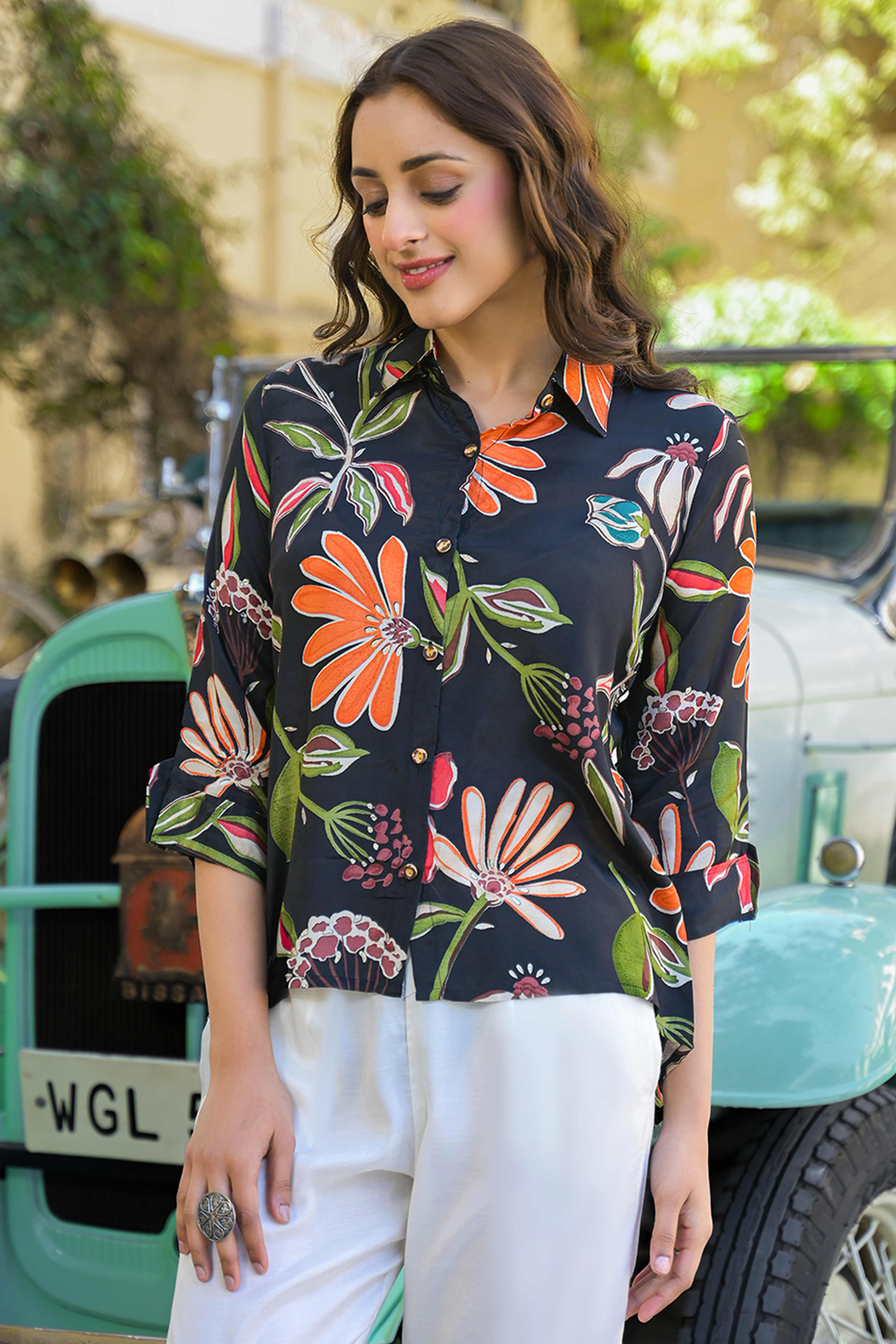 Black Floral Printed Muslin Top