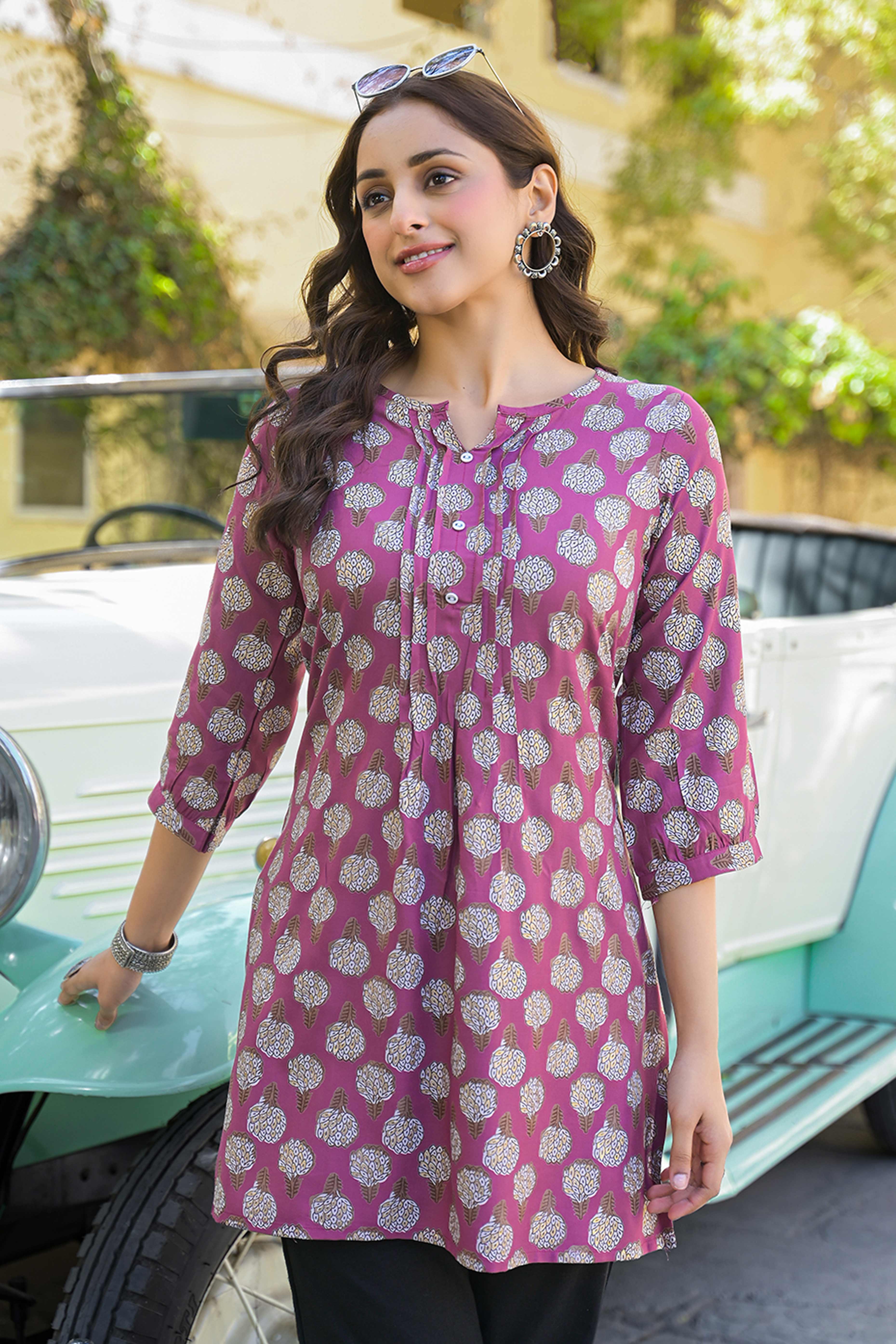 Purple Floral Printed Rayon Straight Top