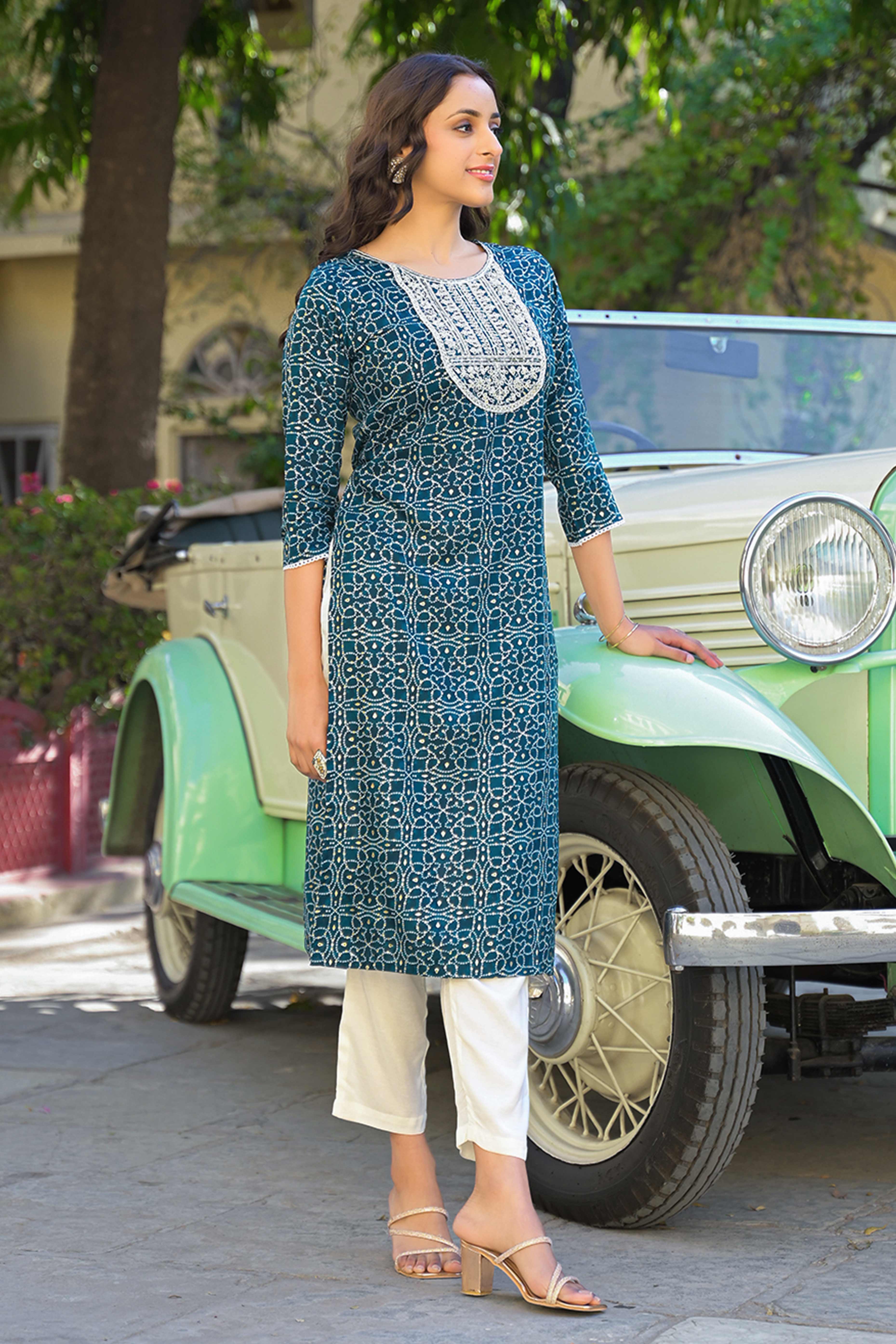 Bottle Green Bandhani Printed Thread Work Rayon Straight Kurti