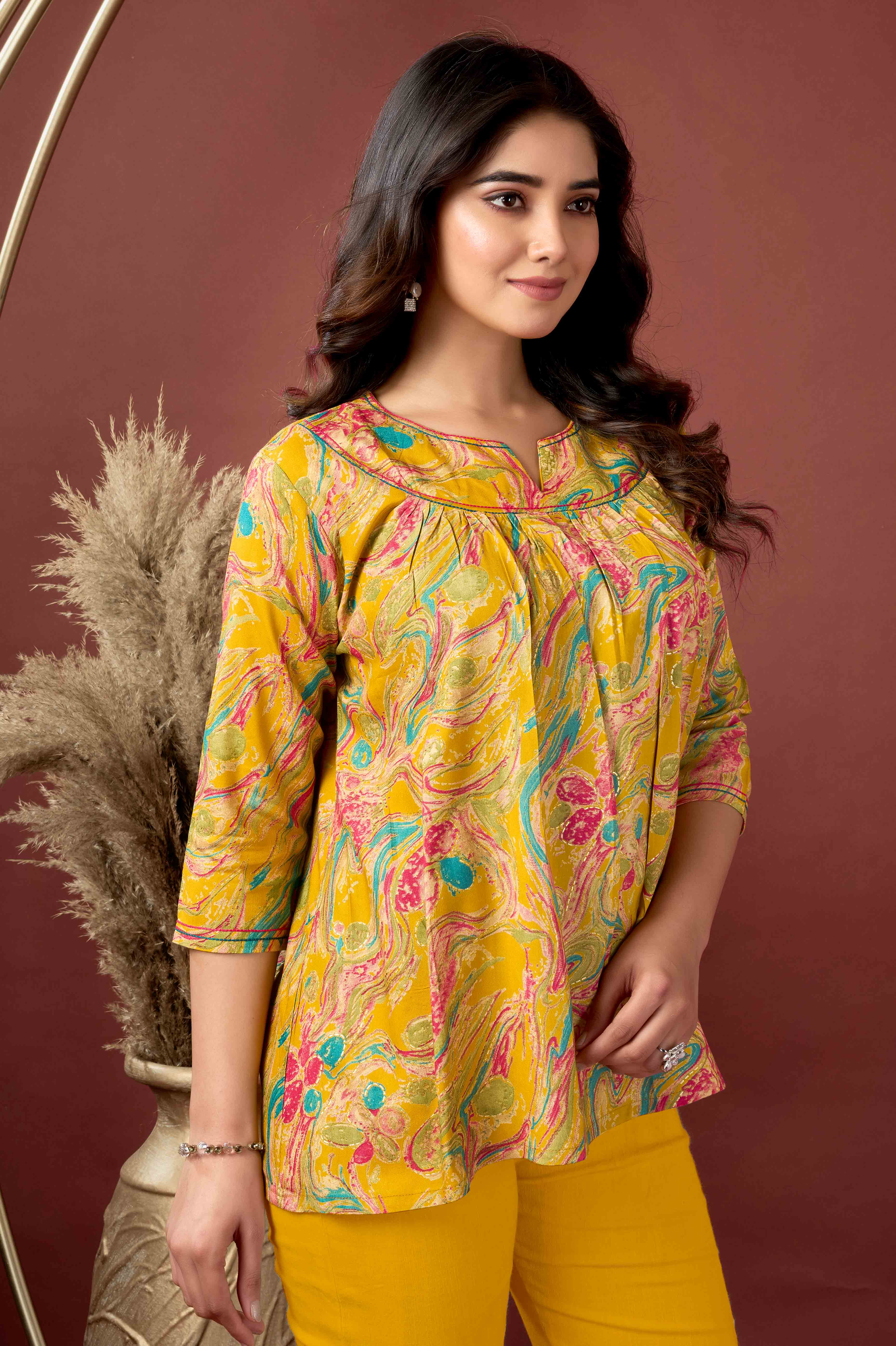 Mustard Abstract Printed Rayon Tunic Top