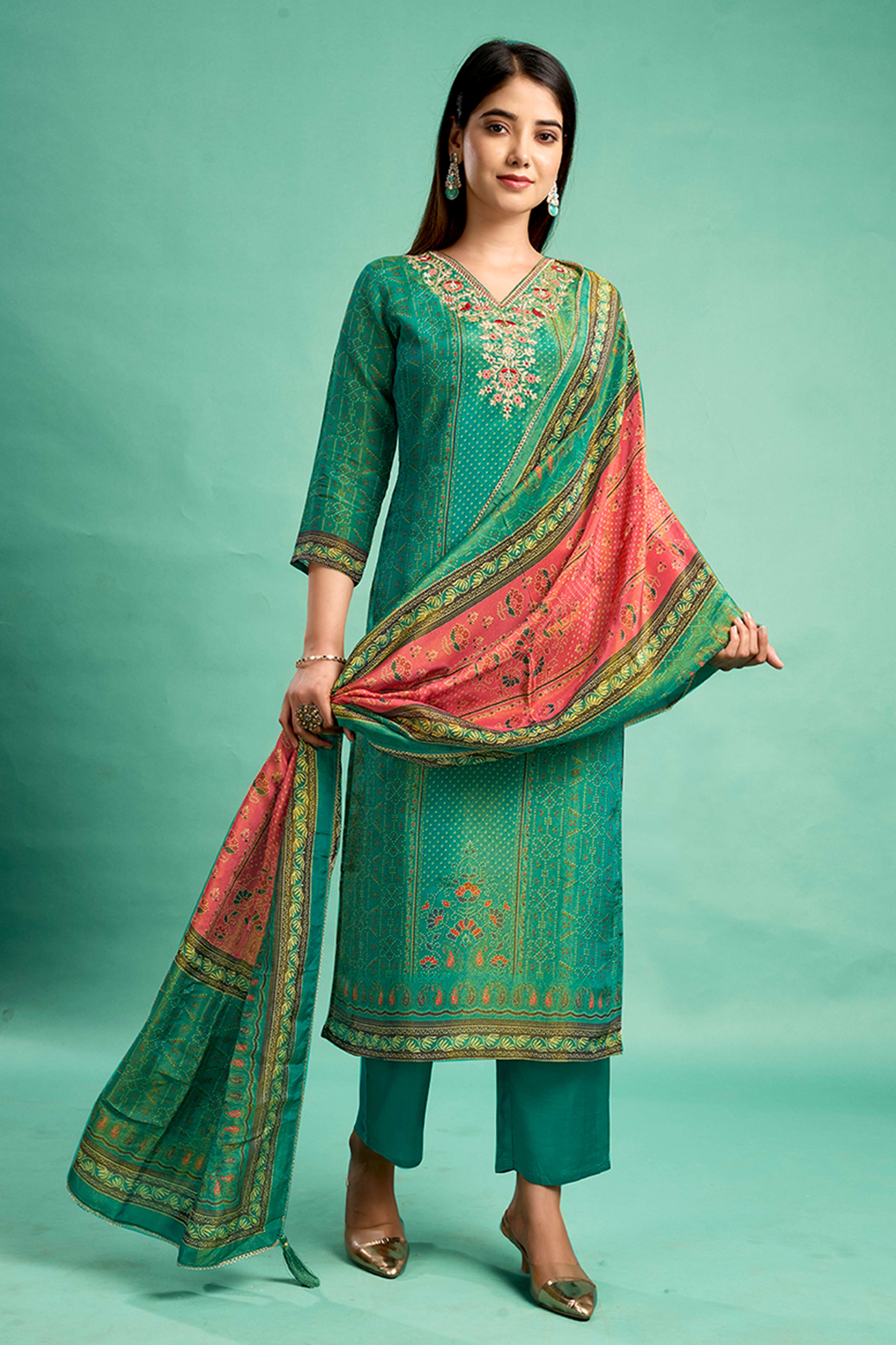 Bottle Green Bandhani Printed With Embroidery Work Pure Viscose Salwar Suit