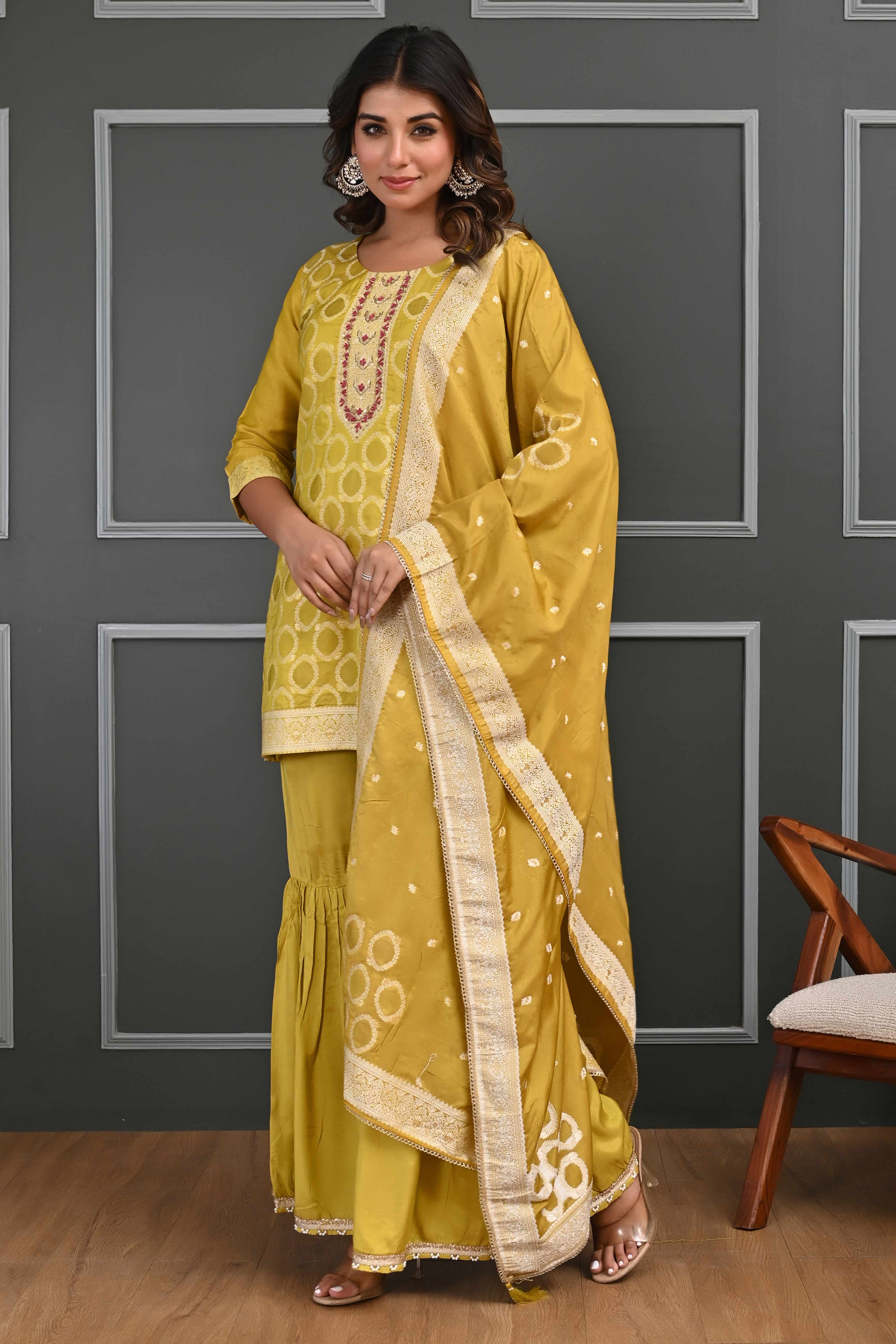 Vibrant Mustard Zari Weaving Cotton Silk Sharara Suit Ensemble