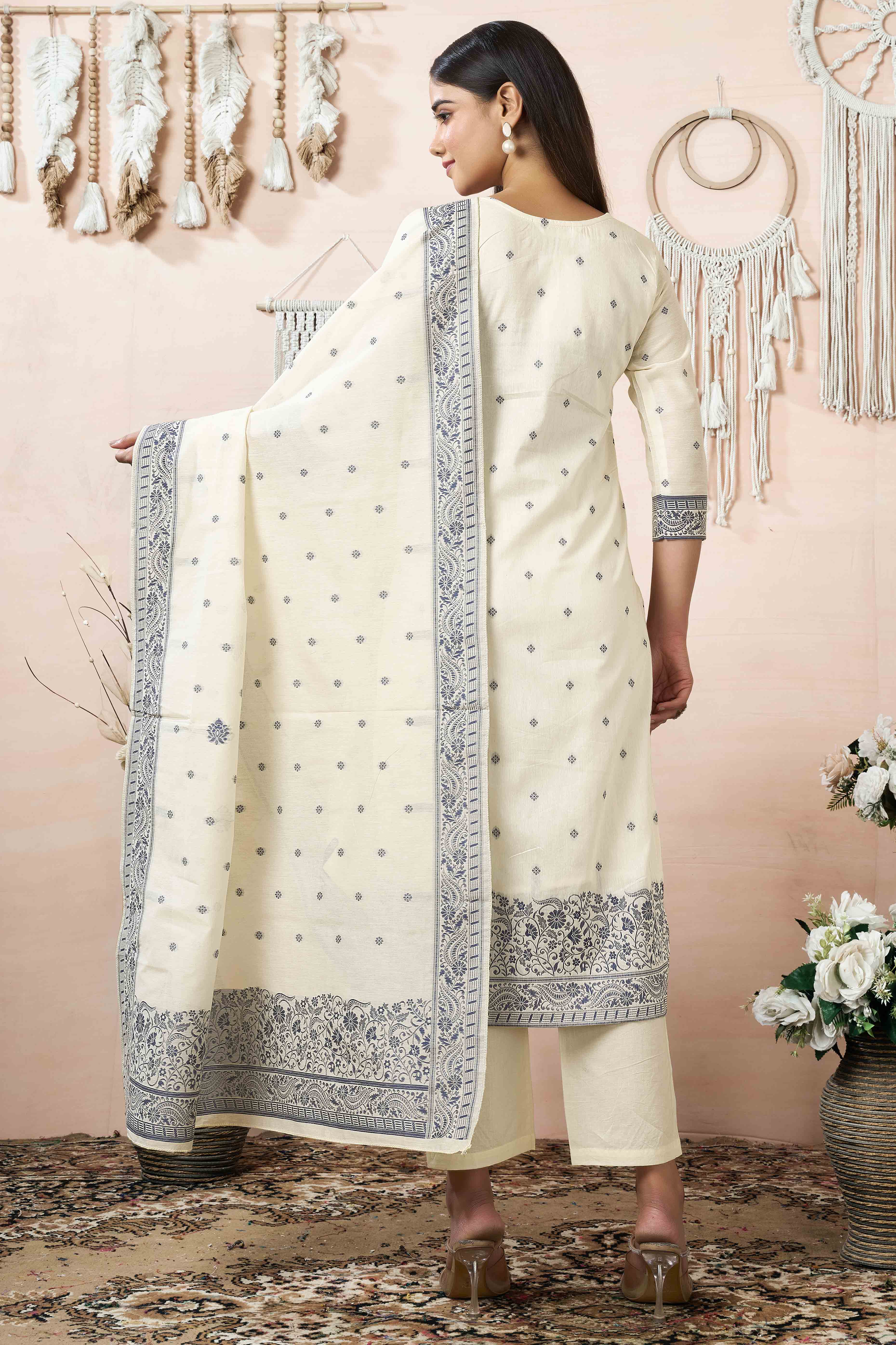 Off White & Blue Jacquard Weaving Pure Cotton StraigHT Salwar Suit