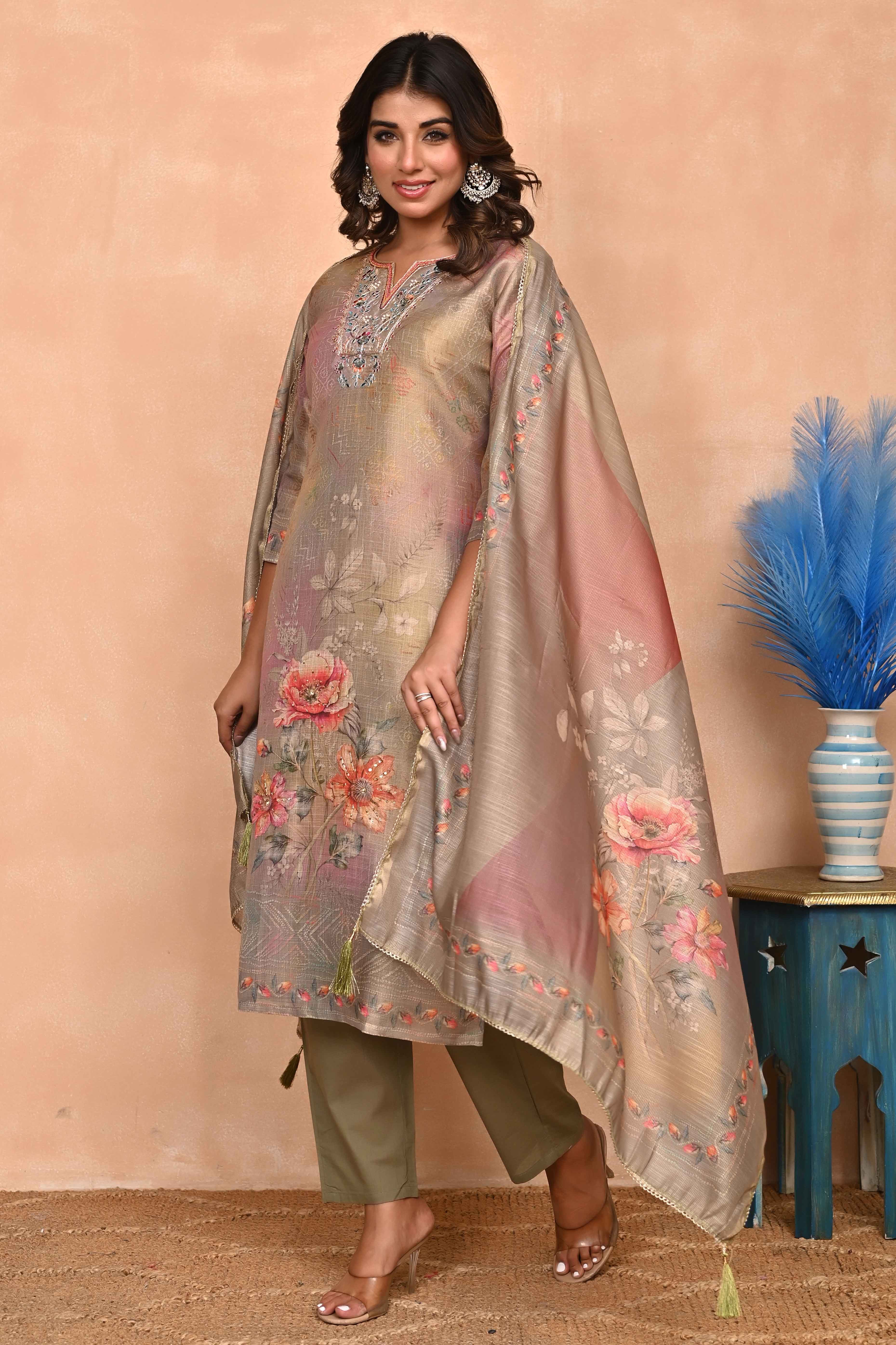 Stylish Olive Straight Cut Suit with Elegant Embroidery on Shimmer Linen