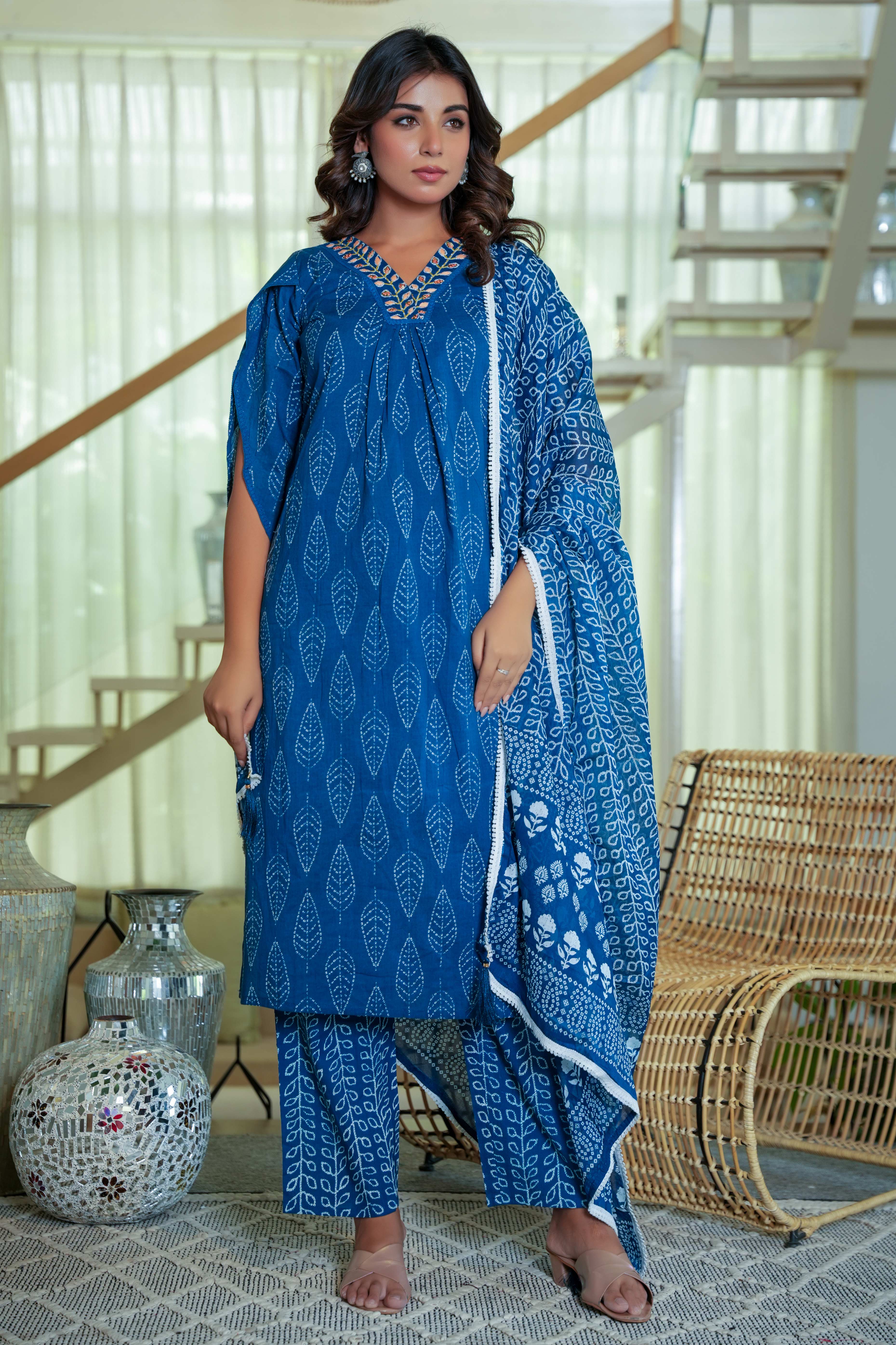 Leaf Motif Printed Pure Cotton Straight Suit in Classic Navy Blue Hue