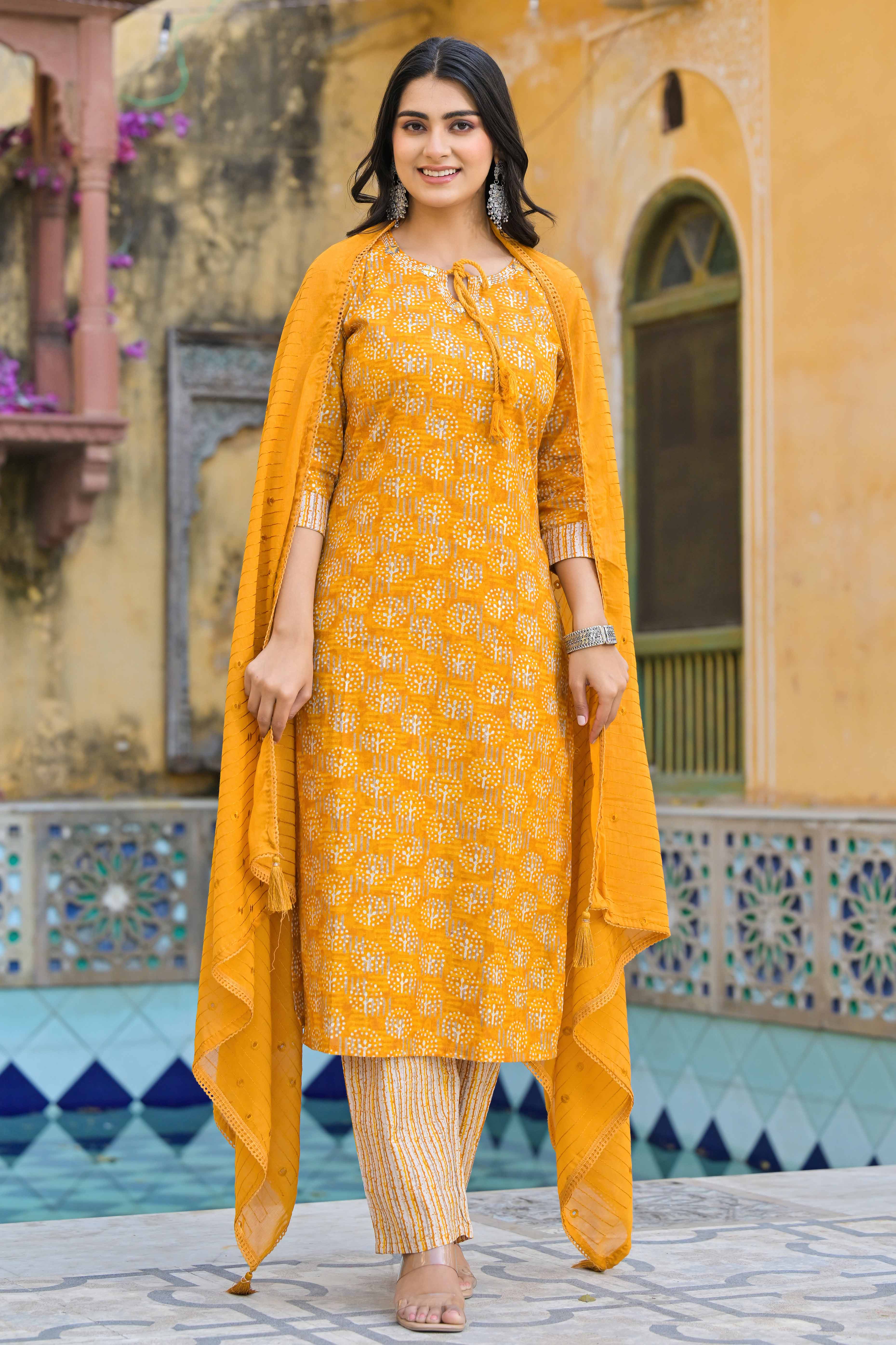 Mustard Floral Printed Pure Cotton Straight Salwar Suit