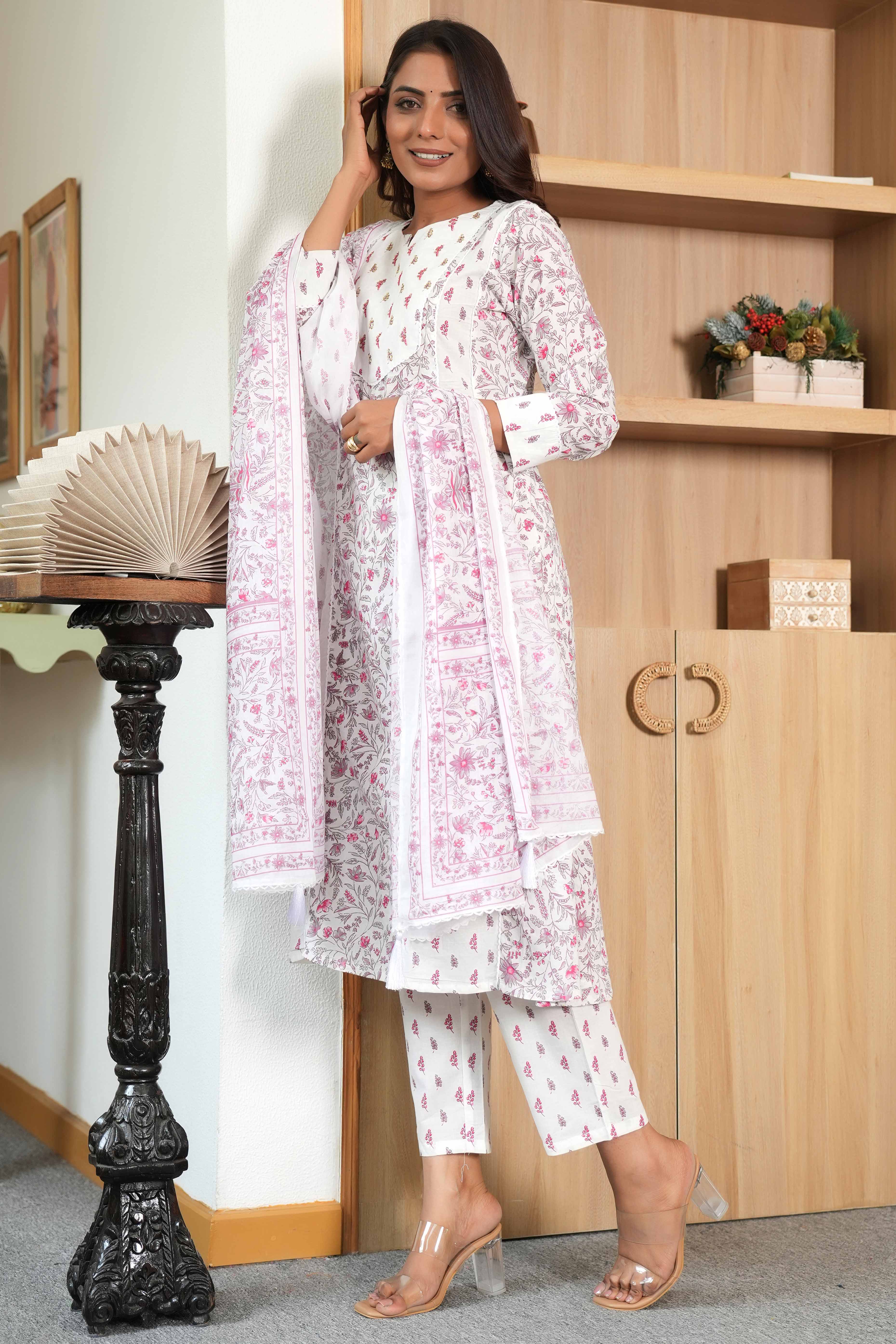 White A-Line Suit in Pure Cotton Featuring Subtle Floral Patterns