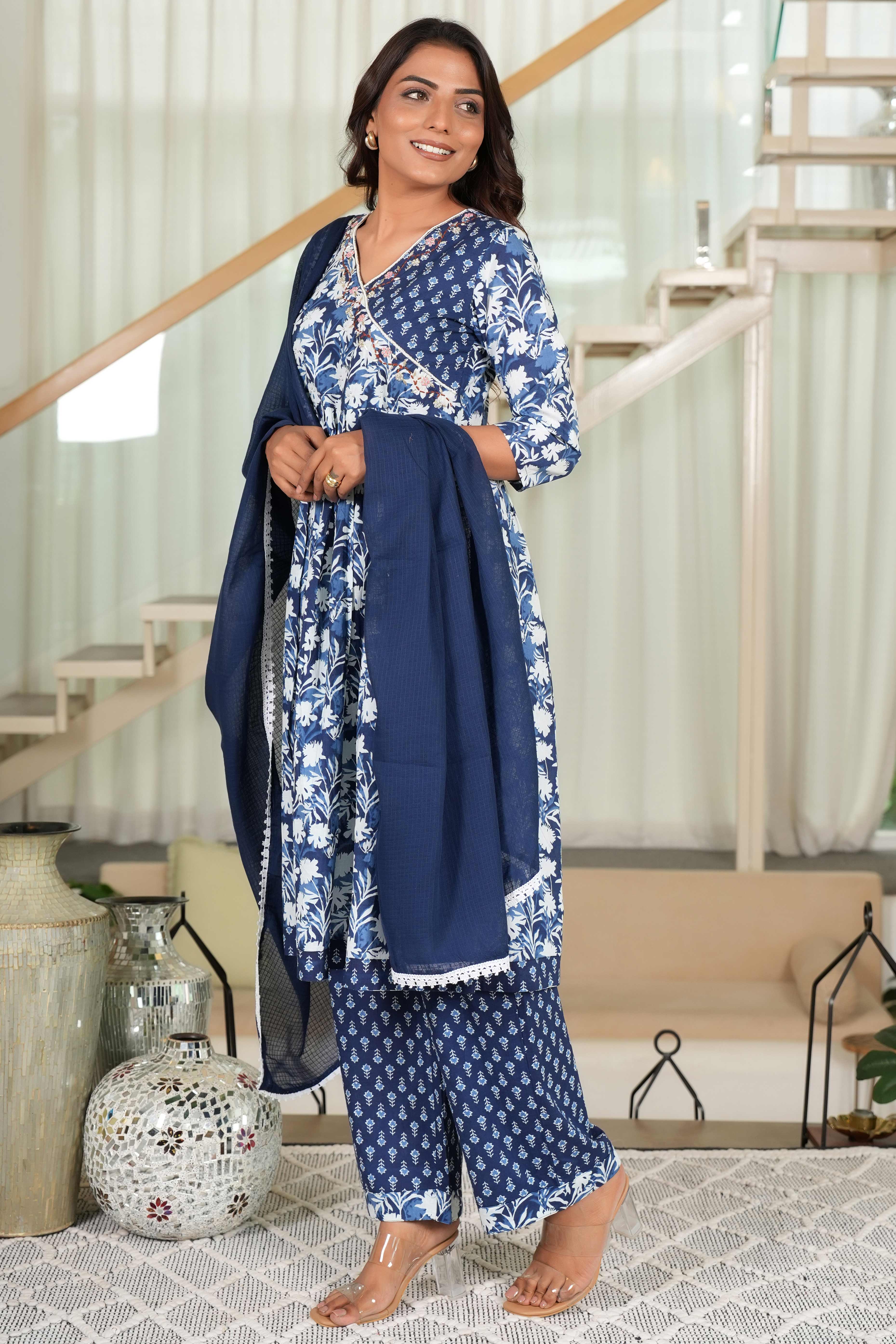 Dark Blue Anarkali Salwar Suit Featuring Floral Prints on Pure Cotton