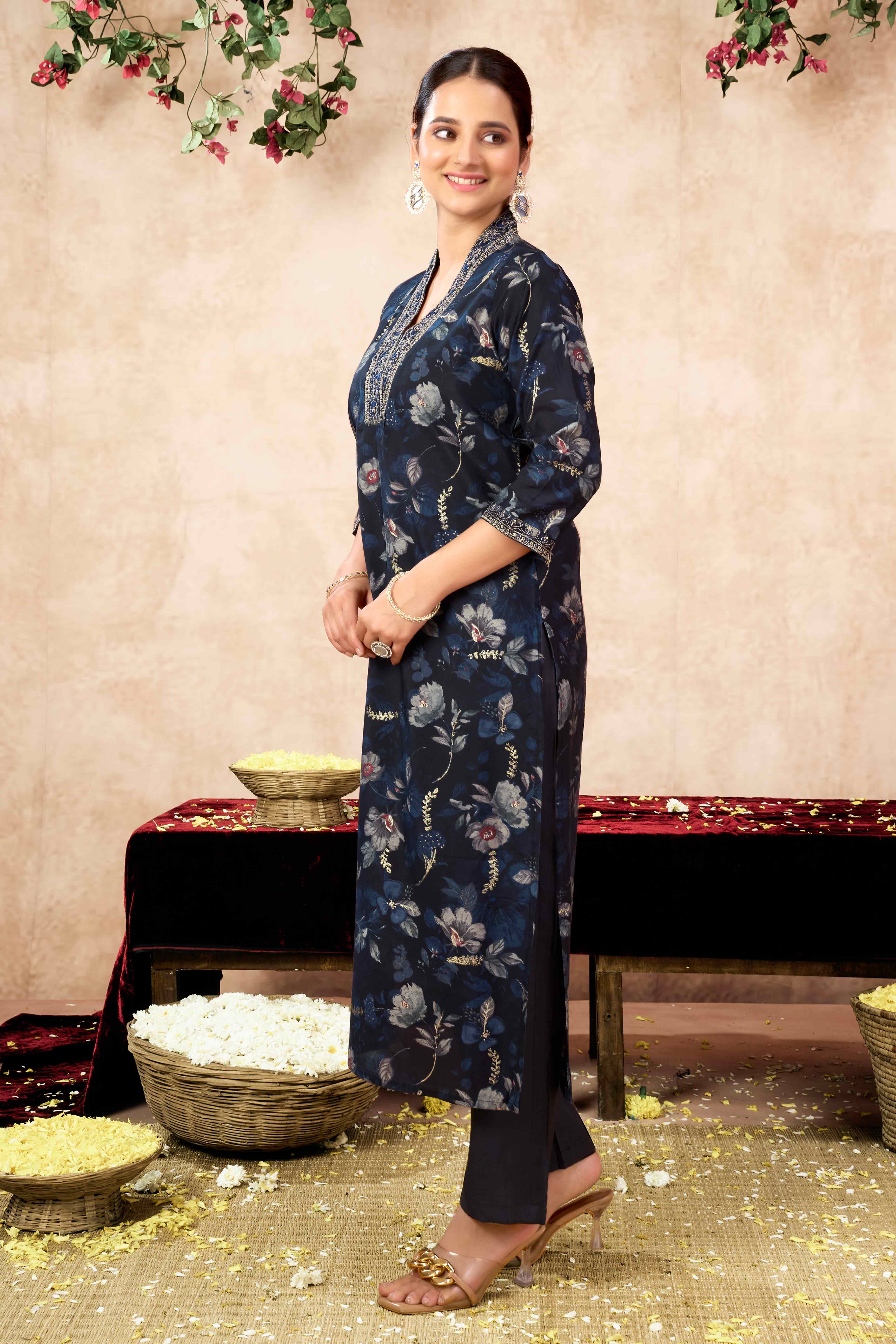 Black Floral Printed Cotton Silk Straight Salwar Suit