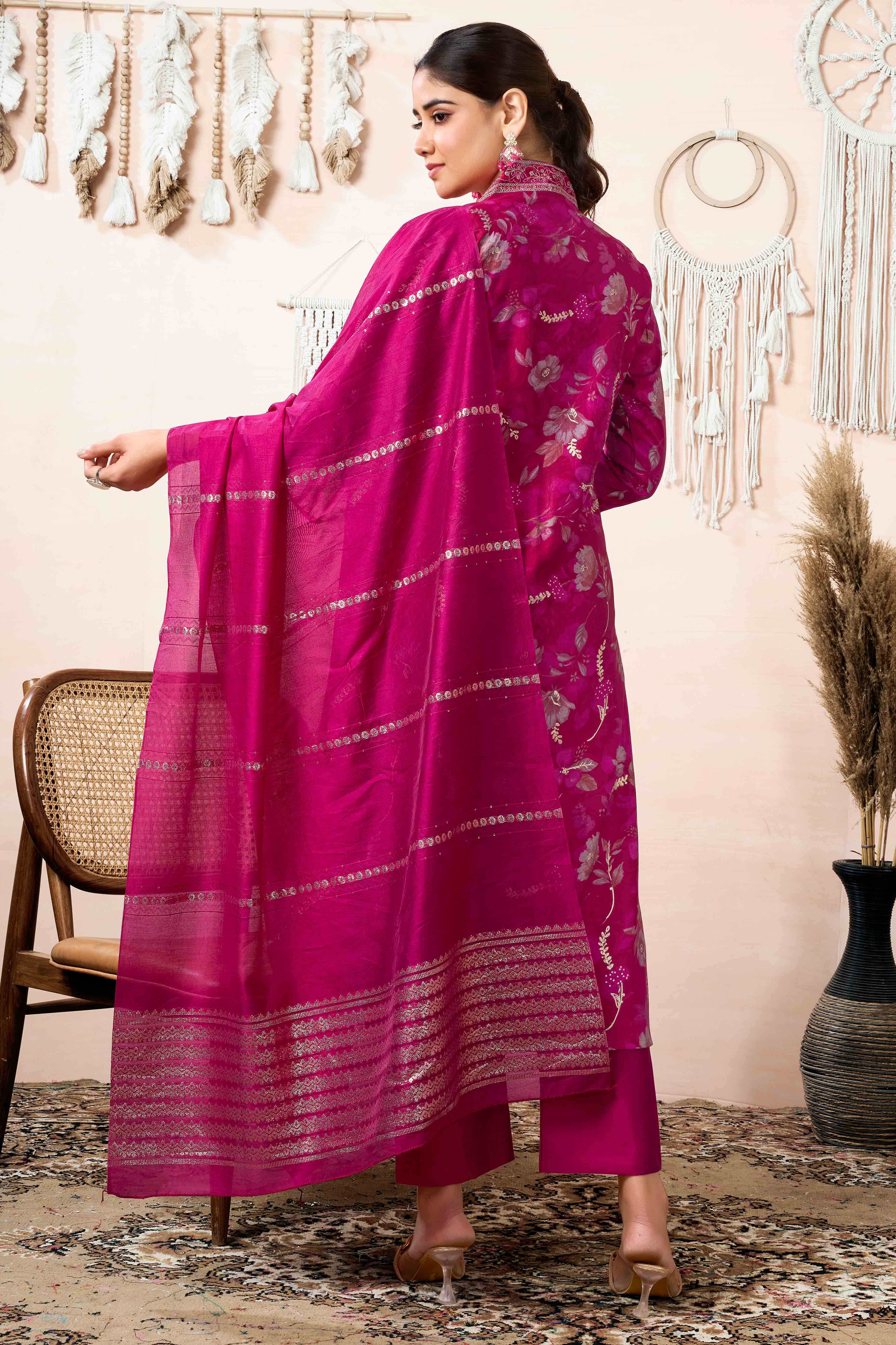 Pink Floral Foil Printed Cotton Silk Straight Salwar Suit