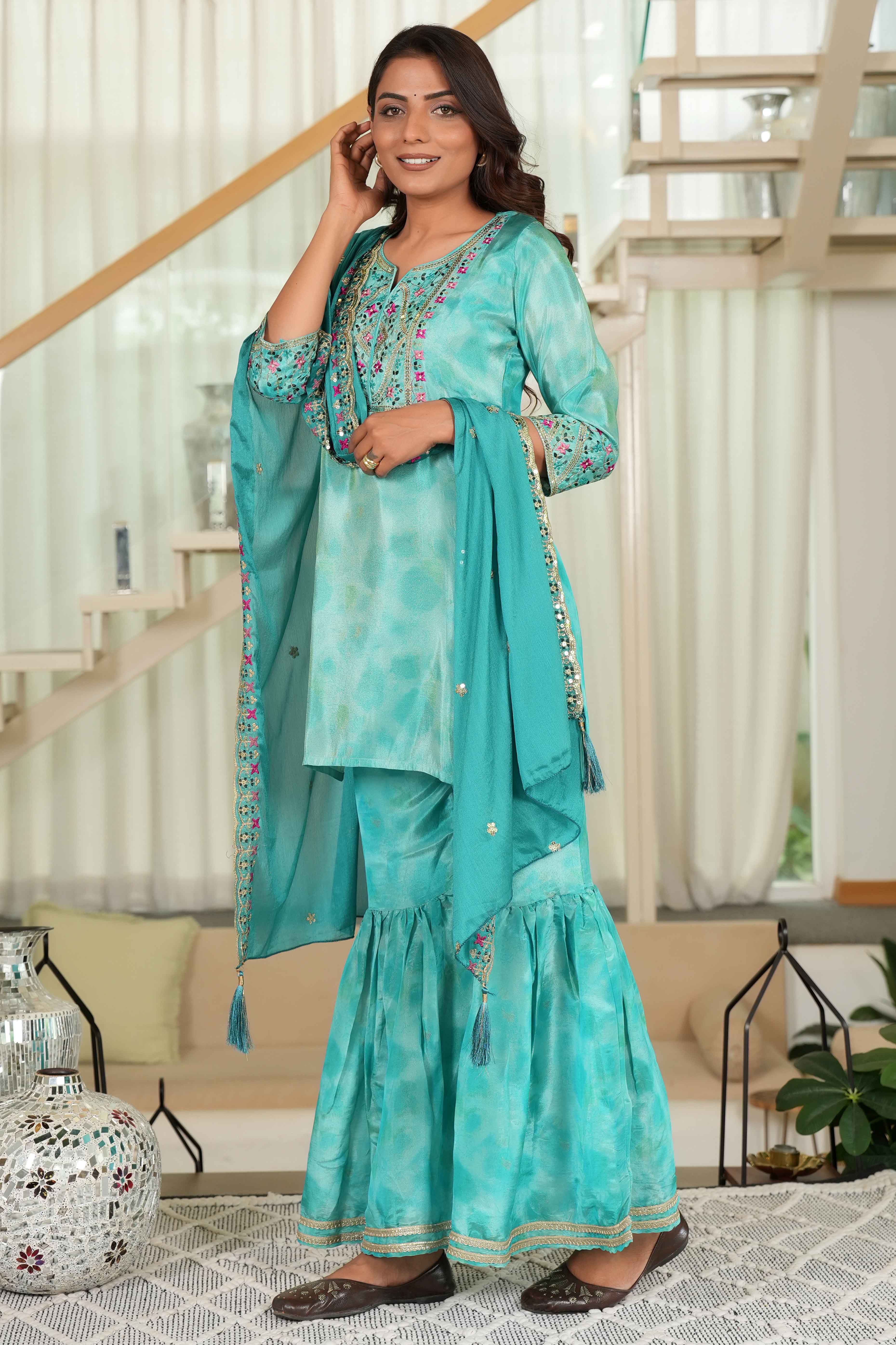 Turquoise Embroidered Organza Sharara Set with Delicate Floral Sequins