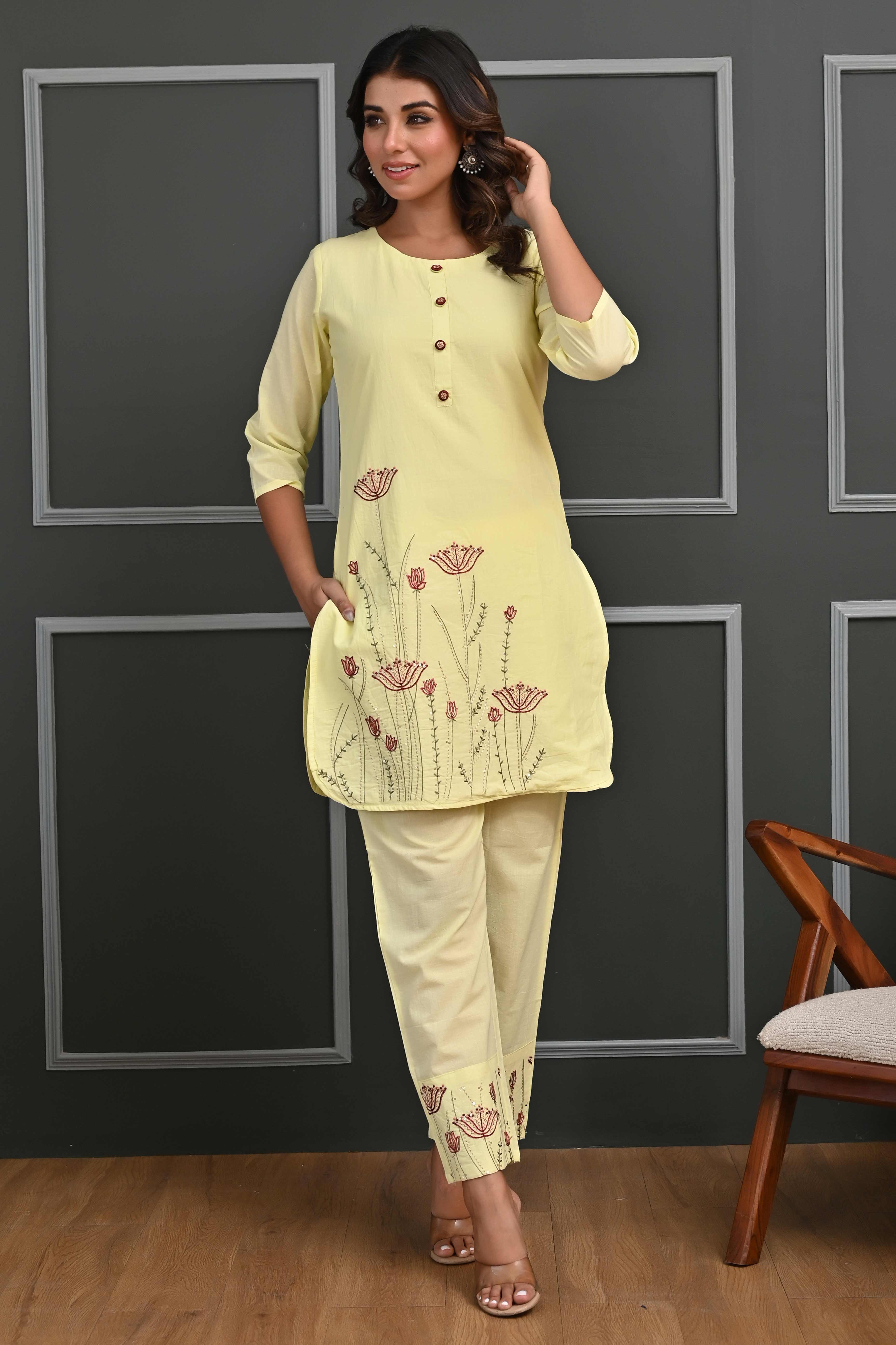 Radiant Yellow Floral Embroidered Co-Ord Set in Breathable Cotton for Stylish Comfort