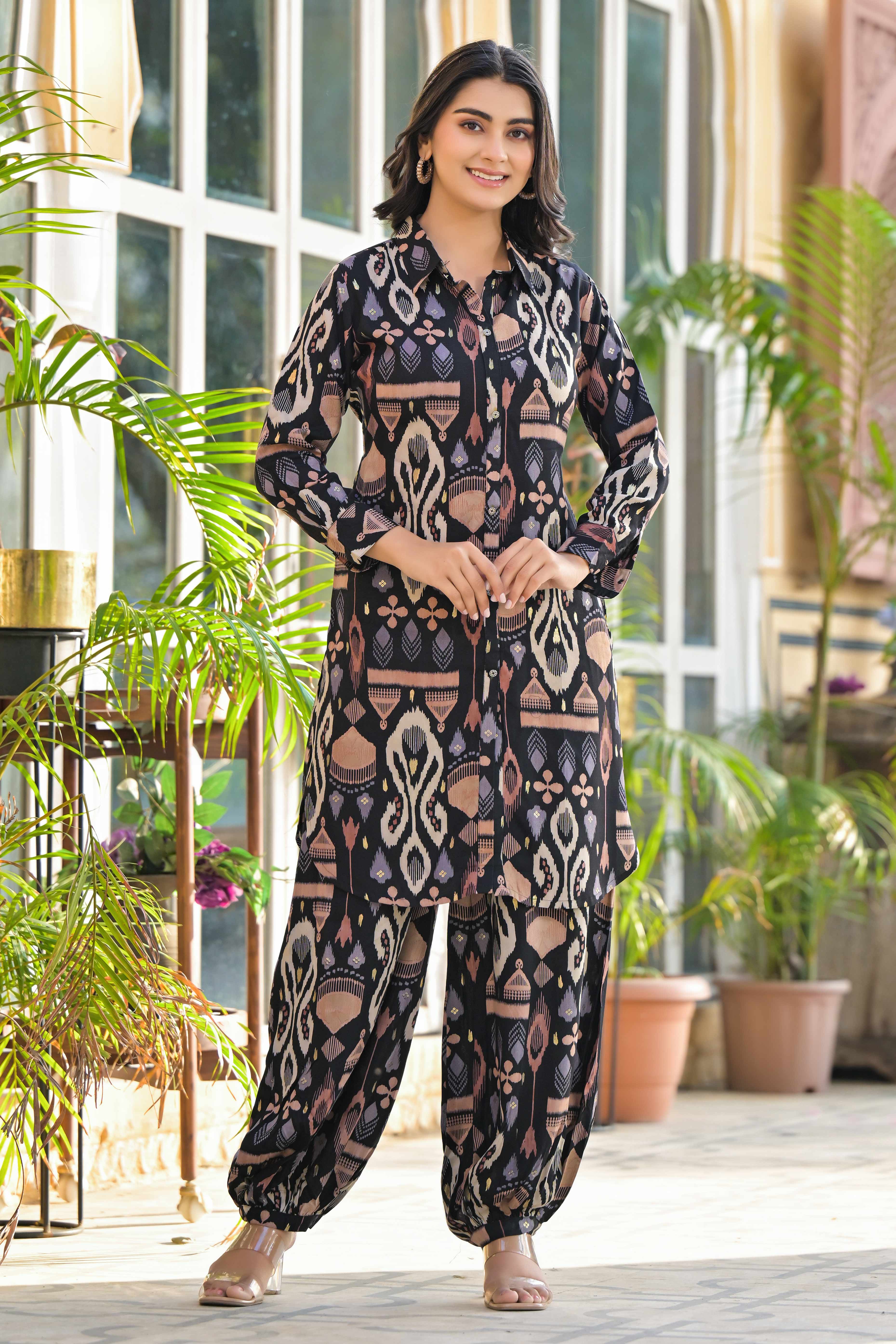 Black Floral Printed Rayon Straight Co-Ord Set
