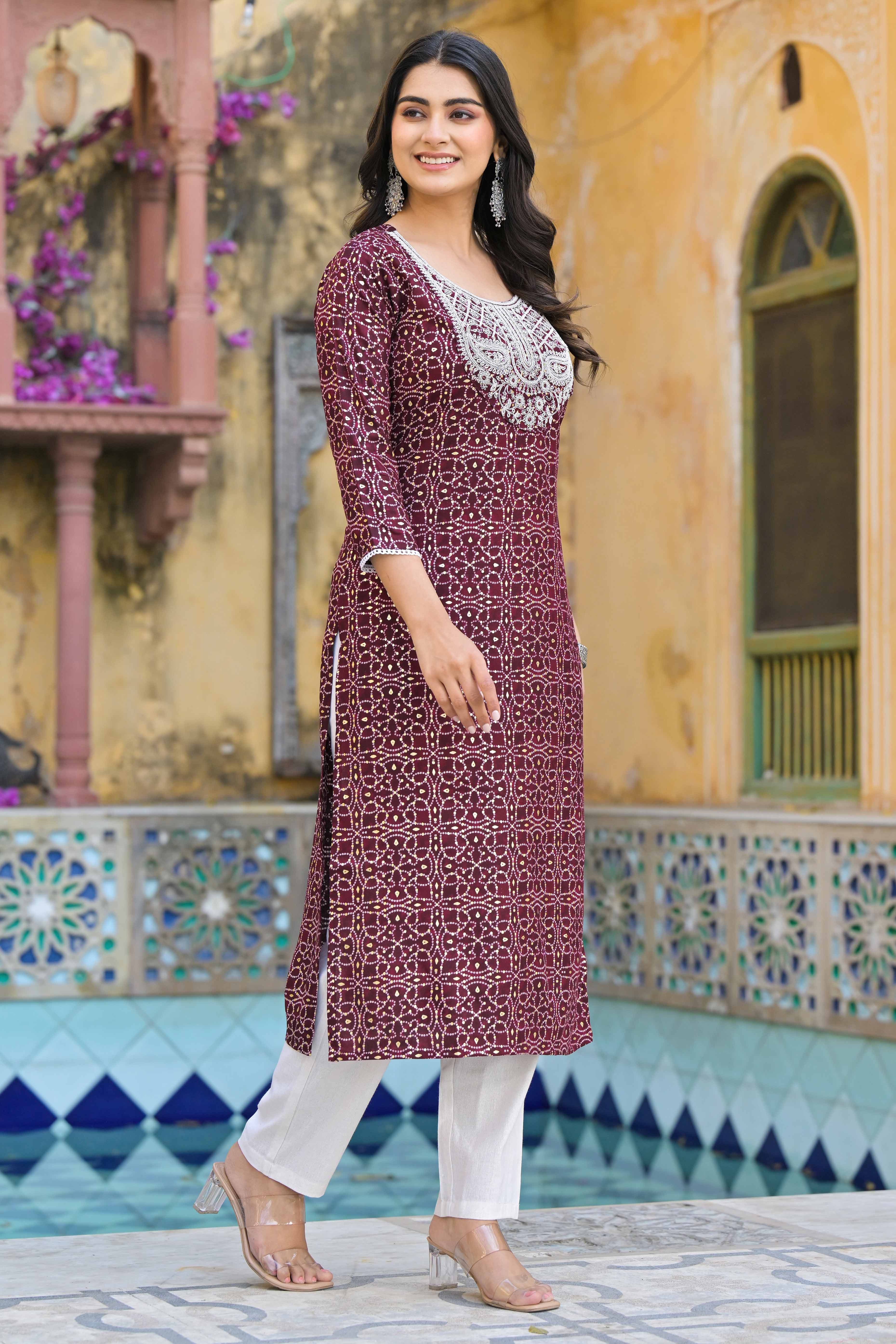 Maroon Bandhani With Embroidered Rayon Straight Kurti